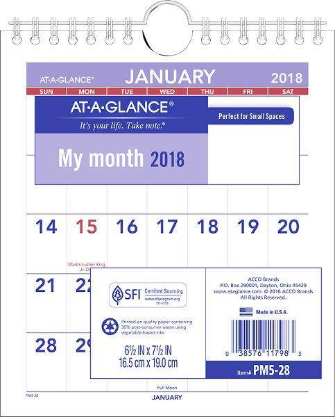 At-A-Glance PM52818 Mini Monthly Wall Calendar - 6 1/2" x 7 1/2"