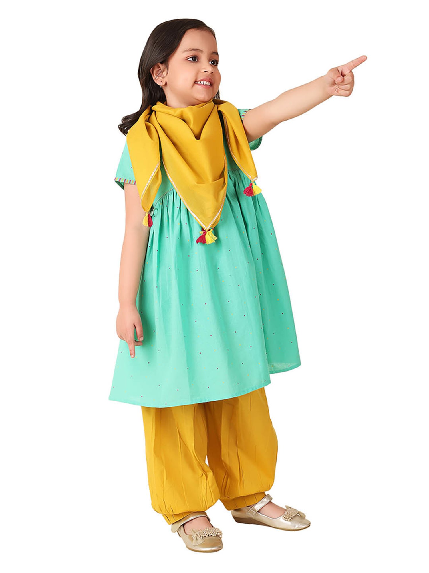 Fabindia Kids Green & Yellow Printed Kurta, Salwar with Dupatta