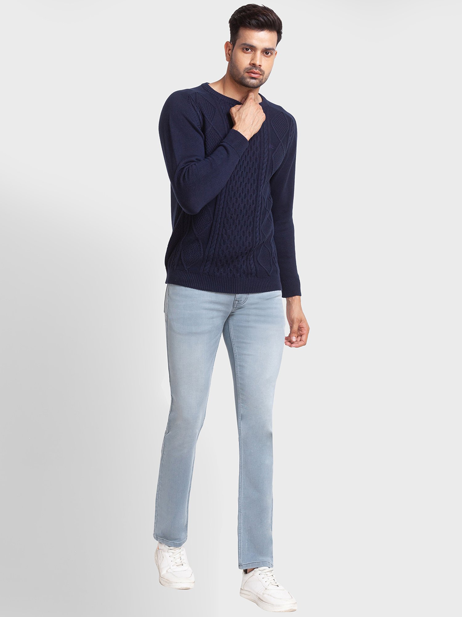 ColorPlus Navy Cotton Tailored Fit Self Pattern Sweaters