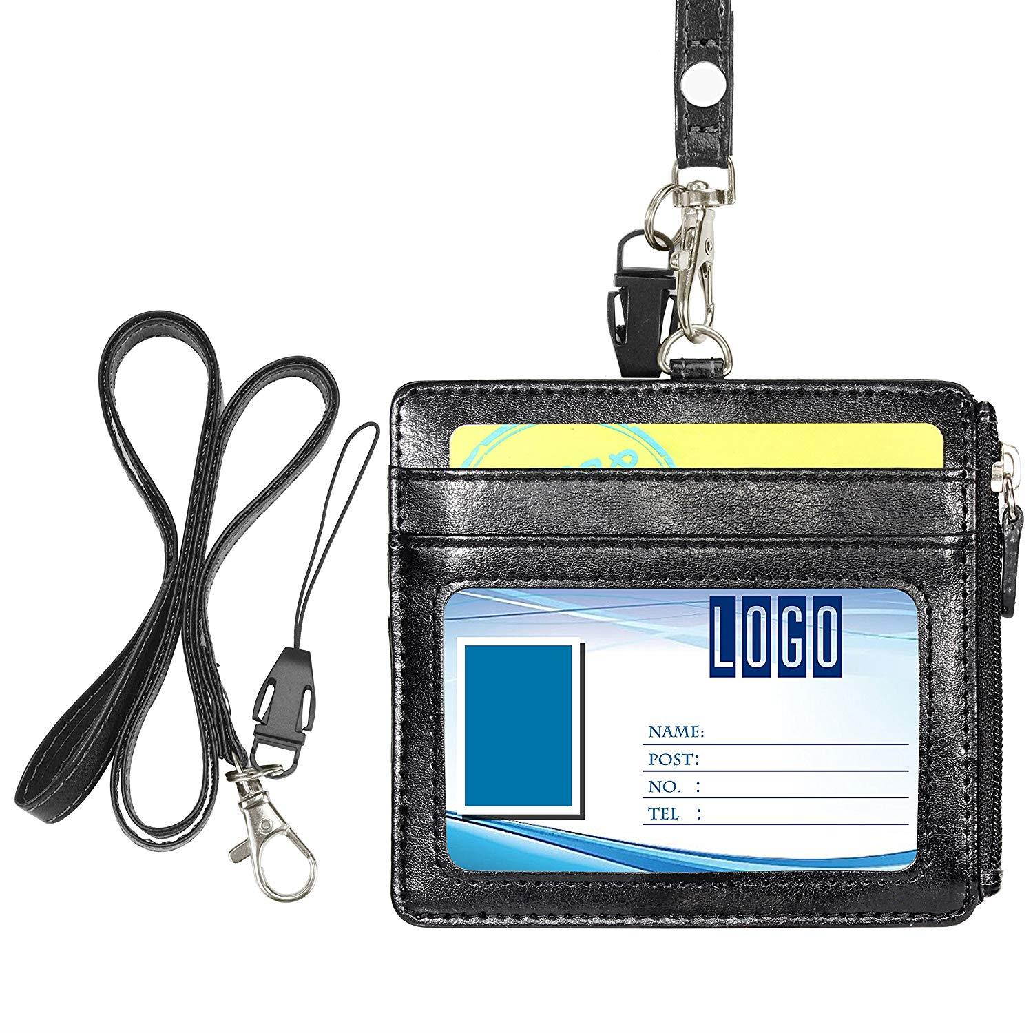 Badge Holder Zipper, Wisdompro 2-Sided PU Leather ID Badge Holder with 1 ID Window, 4 Card Slots, 1 Side Zipper Pocket and 1 piece 20" PU Neck Lanyard/Strap - Black (Horizontal)