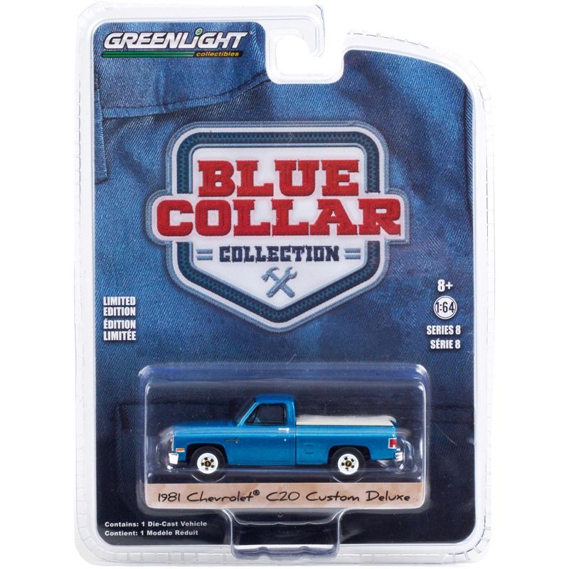 1981 Chevrolet C20 Custom Deluxe Pickup Truck w/Bed Cover Light Blue Met. "Blue Collar Collection" 1/64 Diecast Car Greenlight