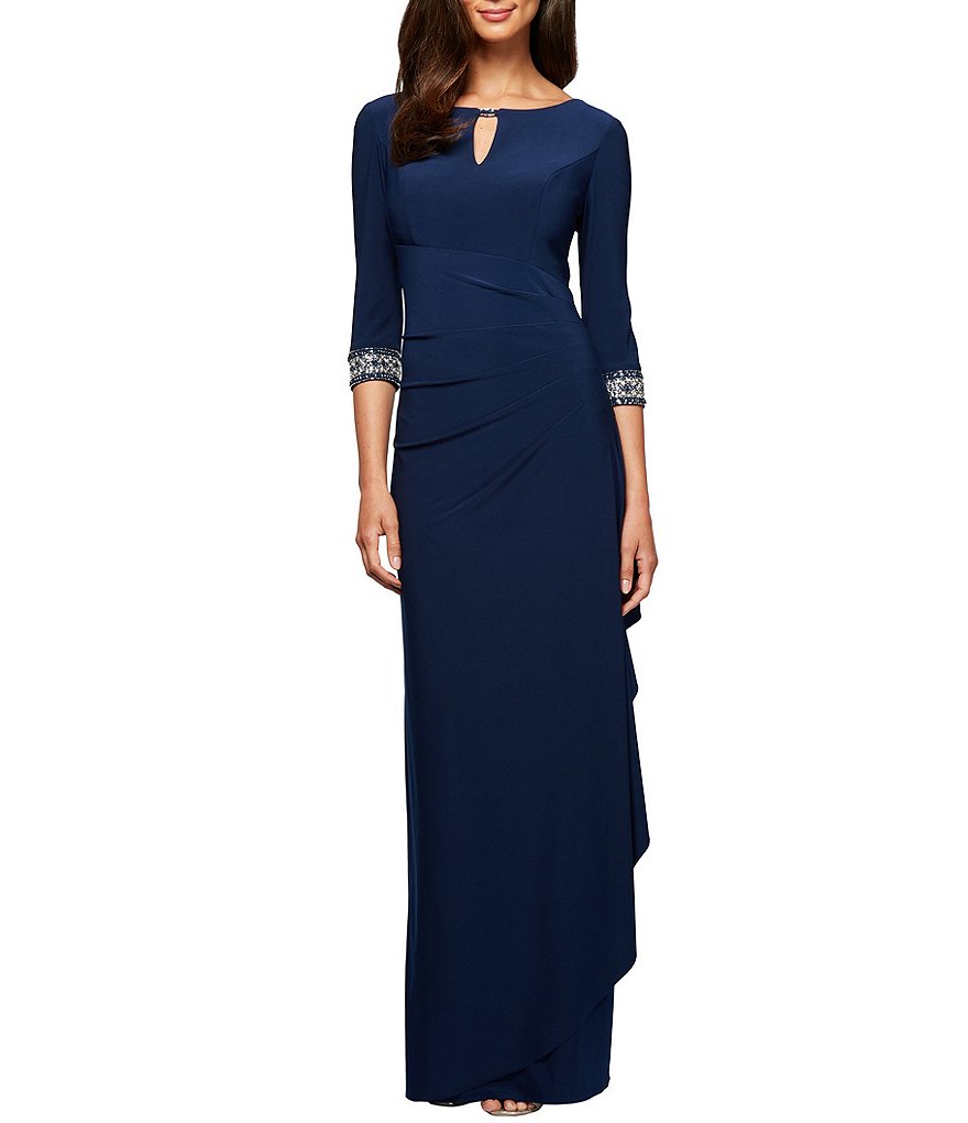 Alex Evenings Petite Size Round Keyhole Neck 3/4 Sleeve Side Ruched Embellished Cuff Gown
