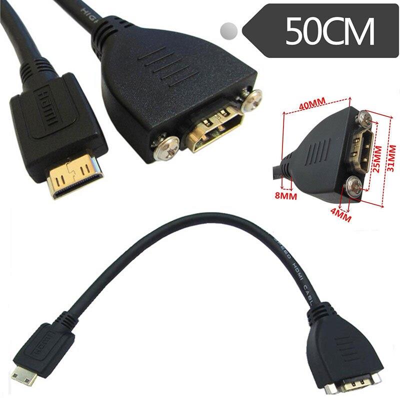 Gold Plated High Speed Mini HDMI Male to HDMI Female Extension Cable With Screw Panel Mount 0.5m