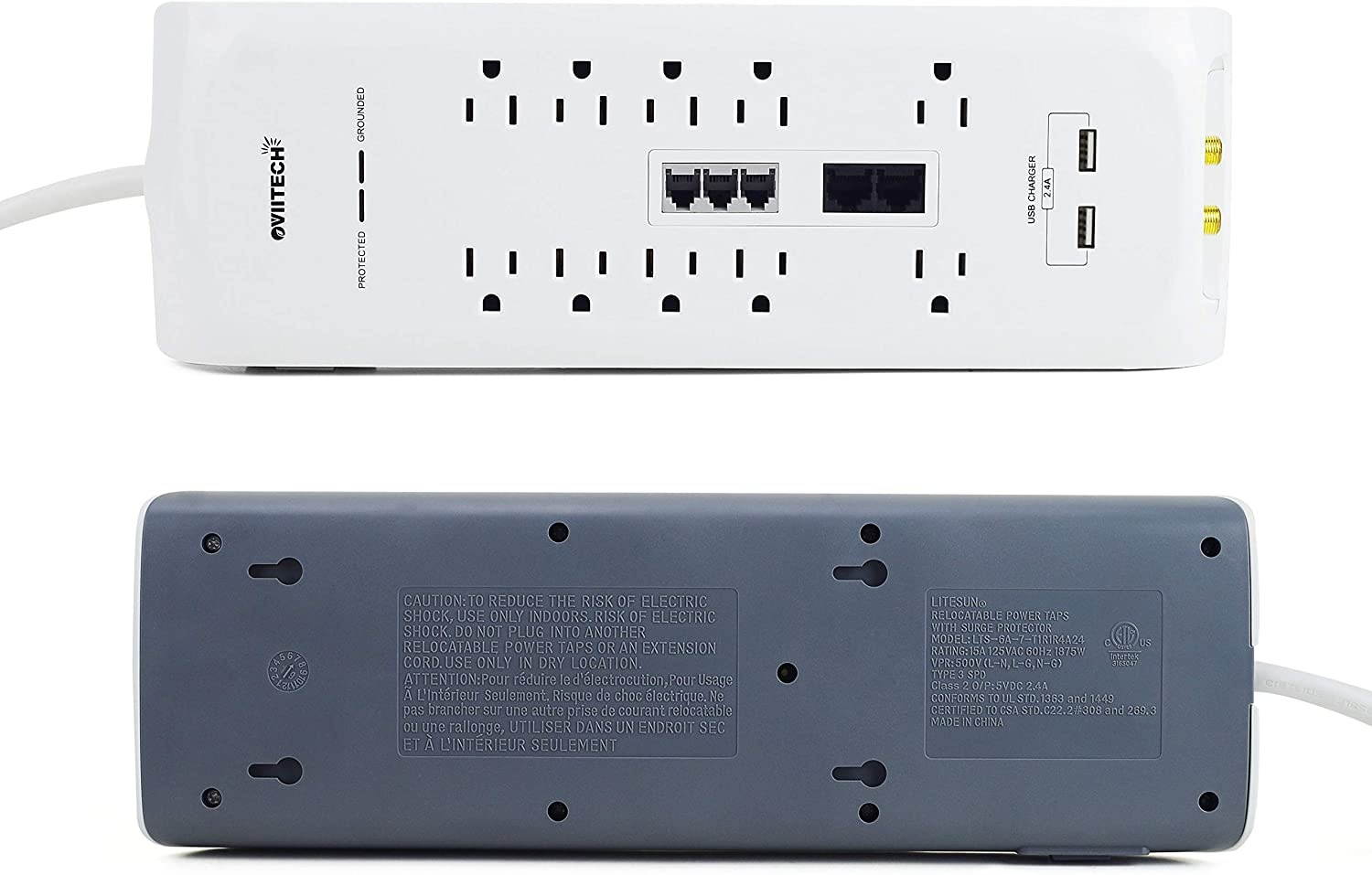 Oviitech 4200 Joules Surge Protector, 10 Outlet All-in-One Power Strip with 2 USB Charging Ports(2.4A Total),Phone/Ethernet/Coaxial Protection with 6 Foot Heavy Duty Extension Cord, White,ETL Listed.