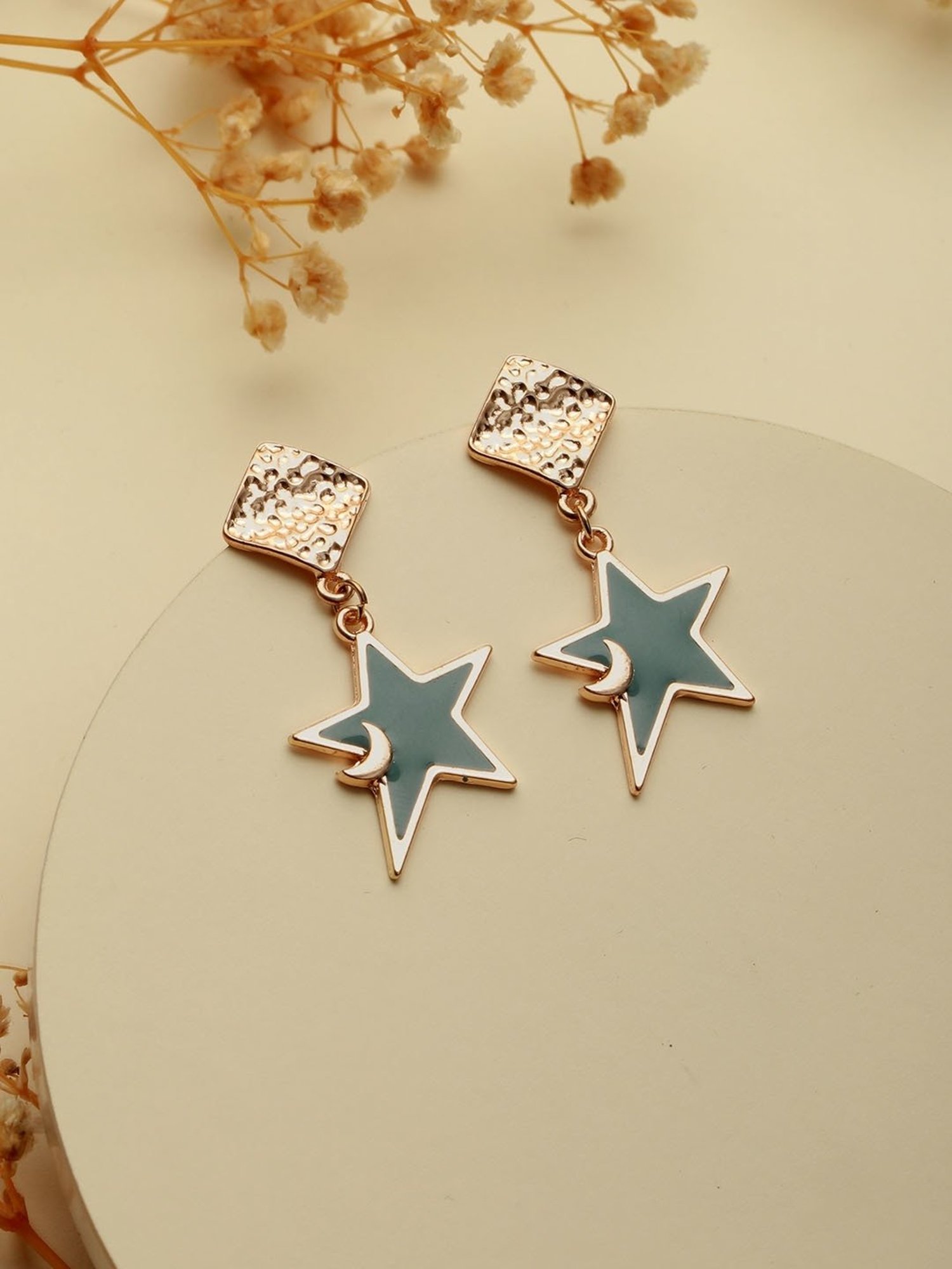 Priyaasi Rose Gold-Plated Textured Box Blue Star Dangler Earrings for Women