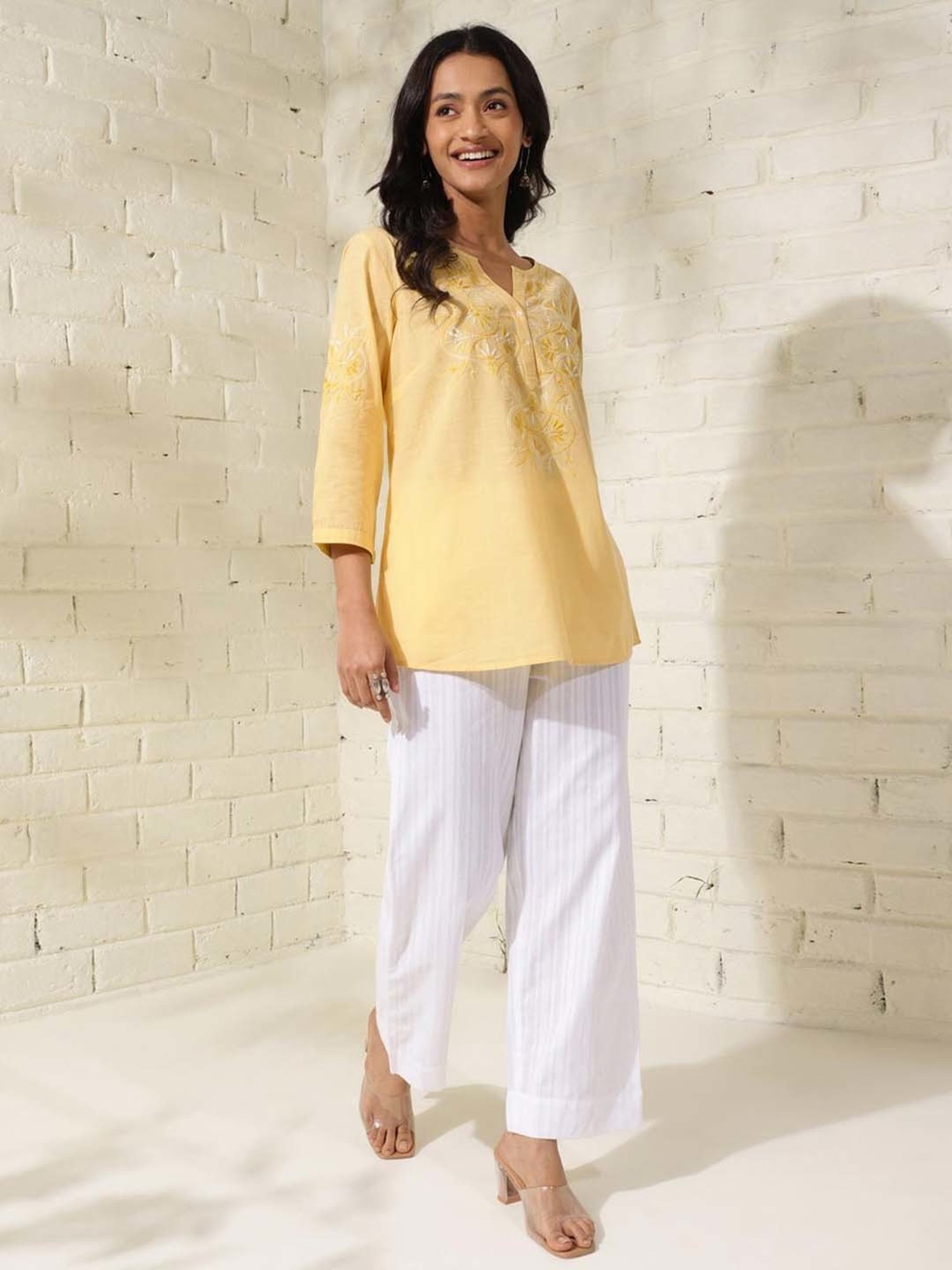 Fabindia Yellow Cotton Embroidered Tunic