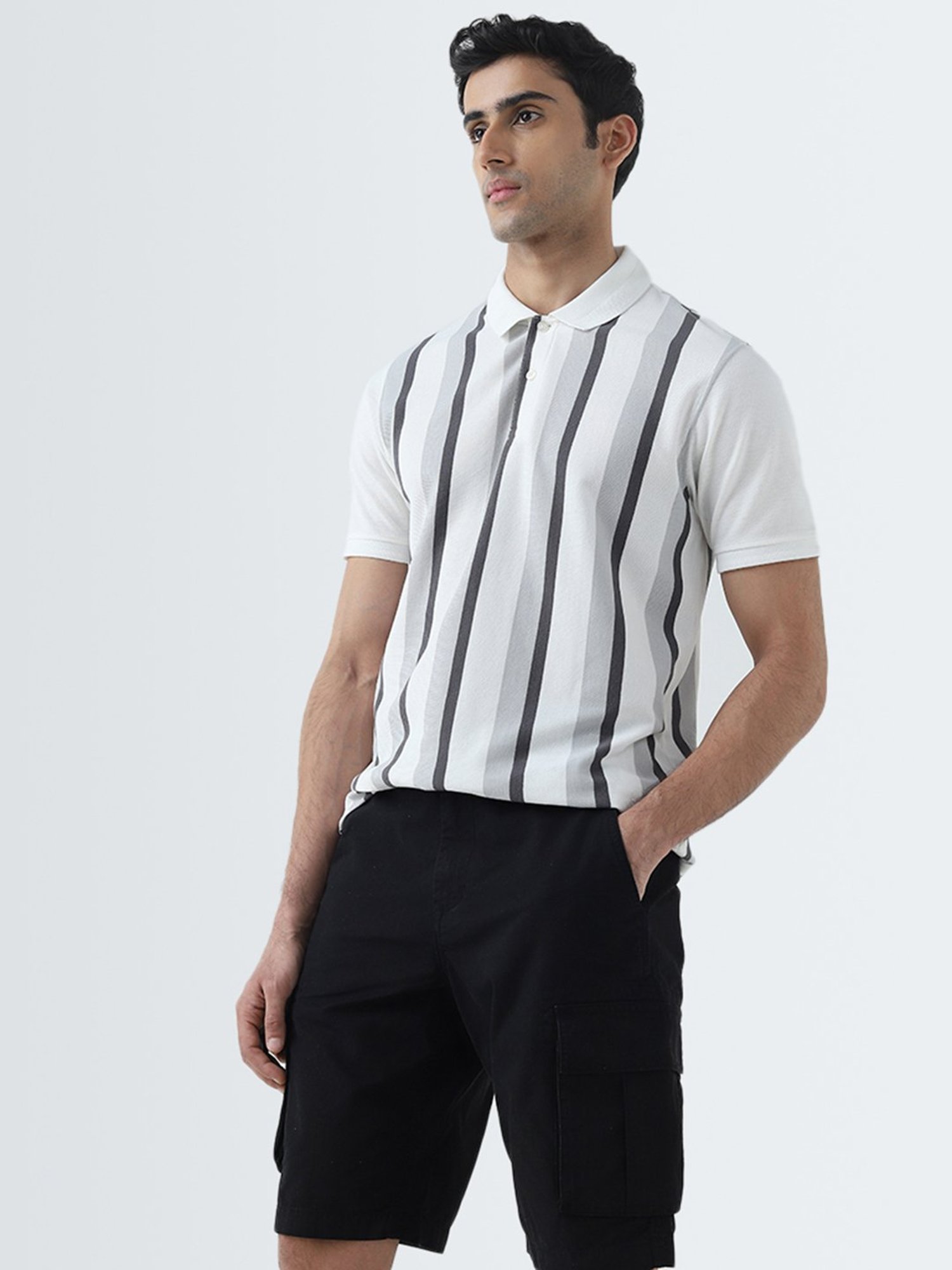 WES Casuals by Westside Grey Striped Relaxed-Fit Polo T-Shirt