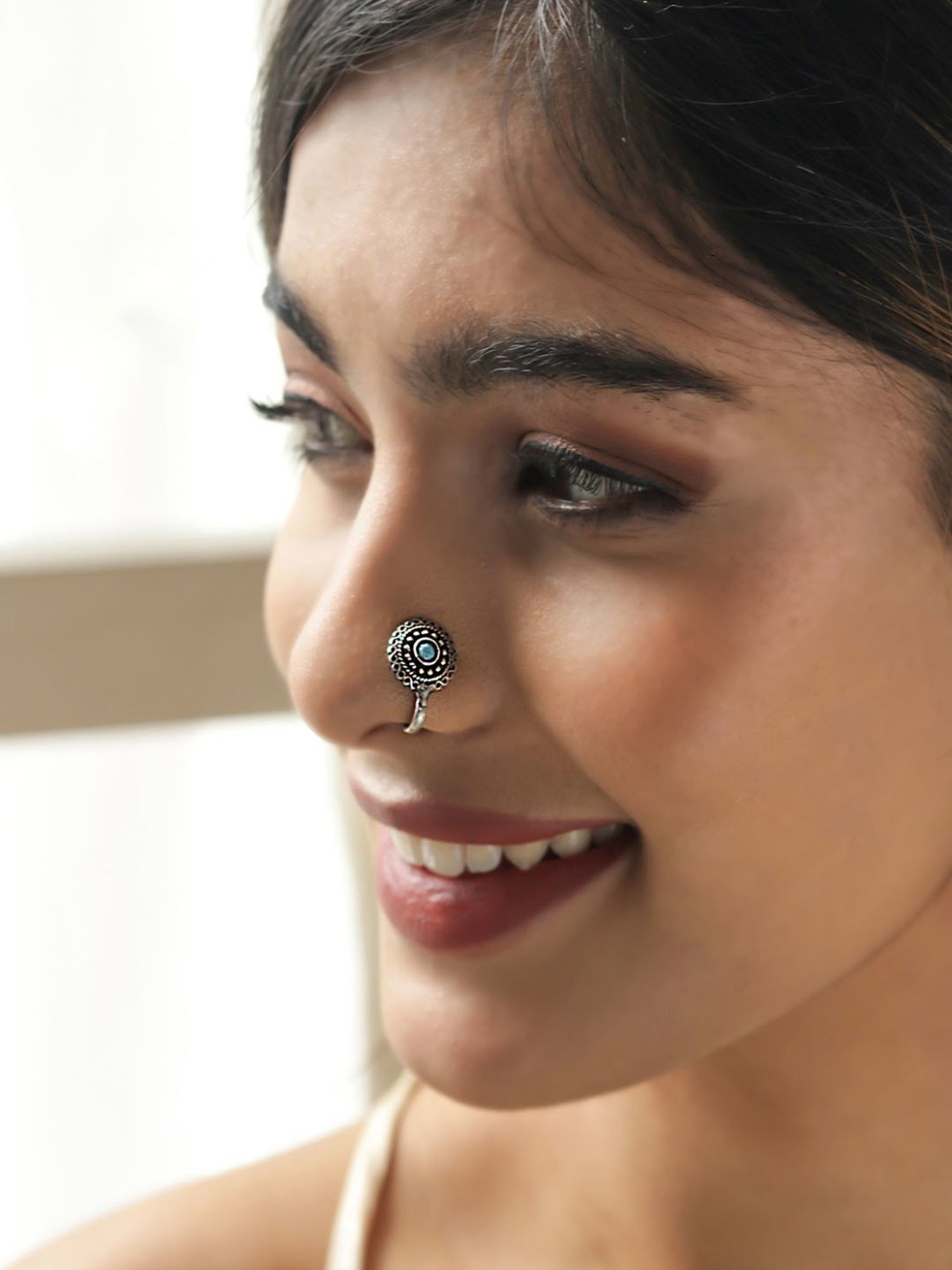 Fida Stones Silver-Plated Oxidised Floral Tribal Nosepins for Women - Set of 6