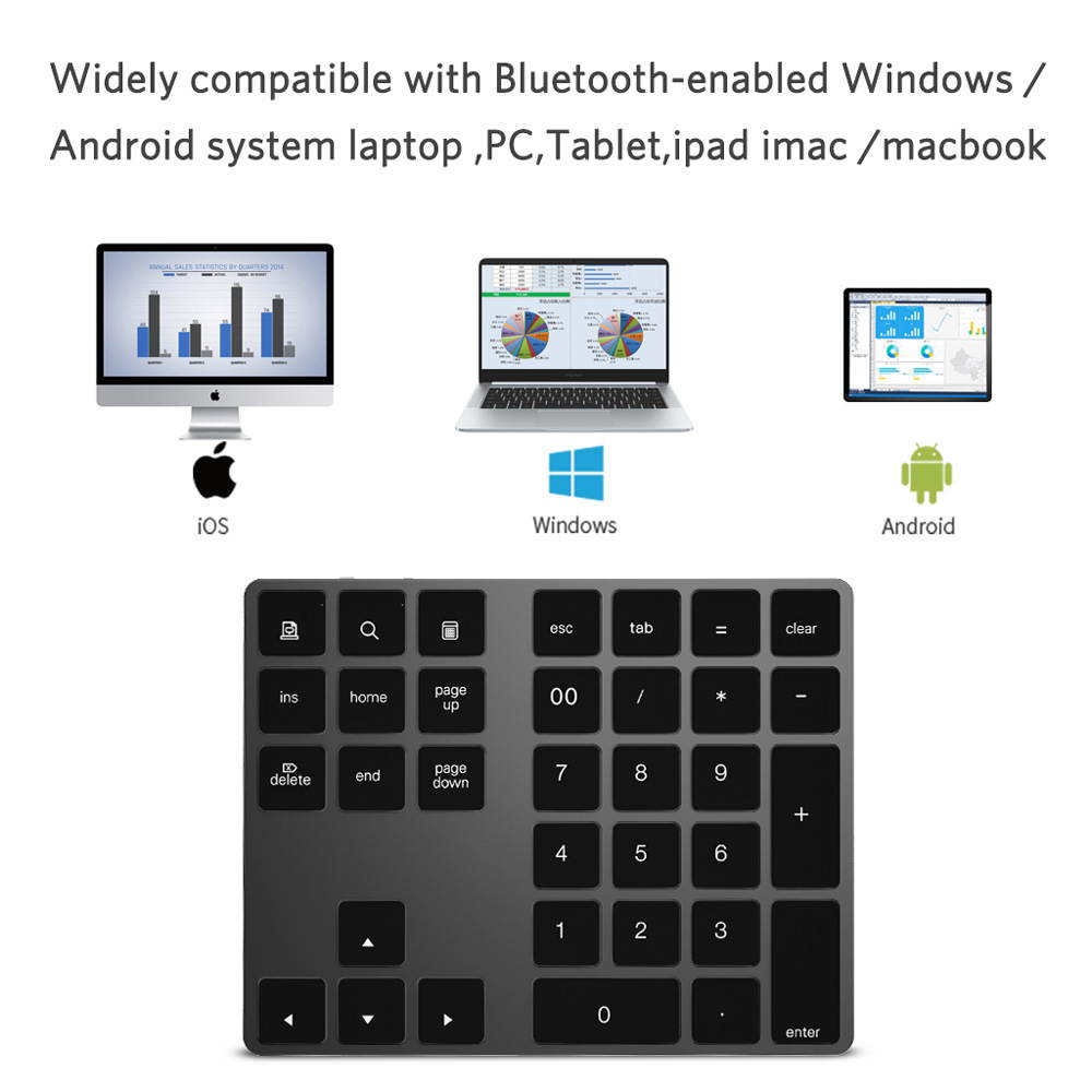 Mini Numeric Keyboard Wireless Bluetooth Keypad 34keys Calculator Keyboard Rechargeable Keypads for Windows/ iOS/Android For PC Macbook Number Pad Mini