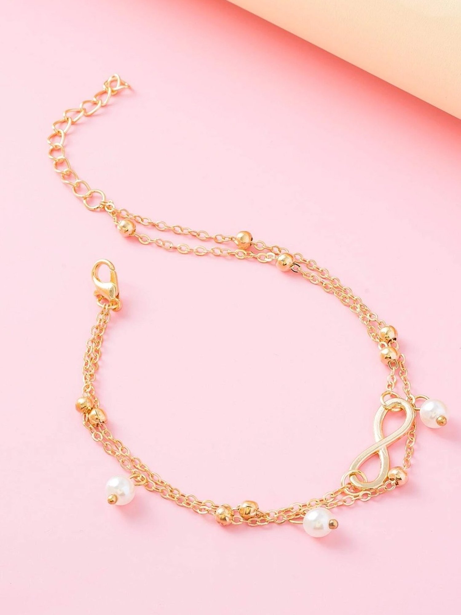 OOMPH Golden Beads, 3 White Pearl & Charm Fashion Stylish Latest Anklet for Women