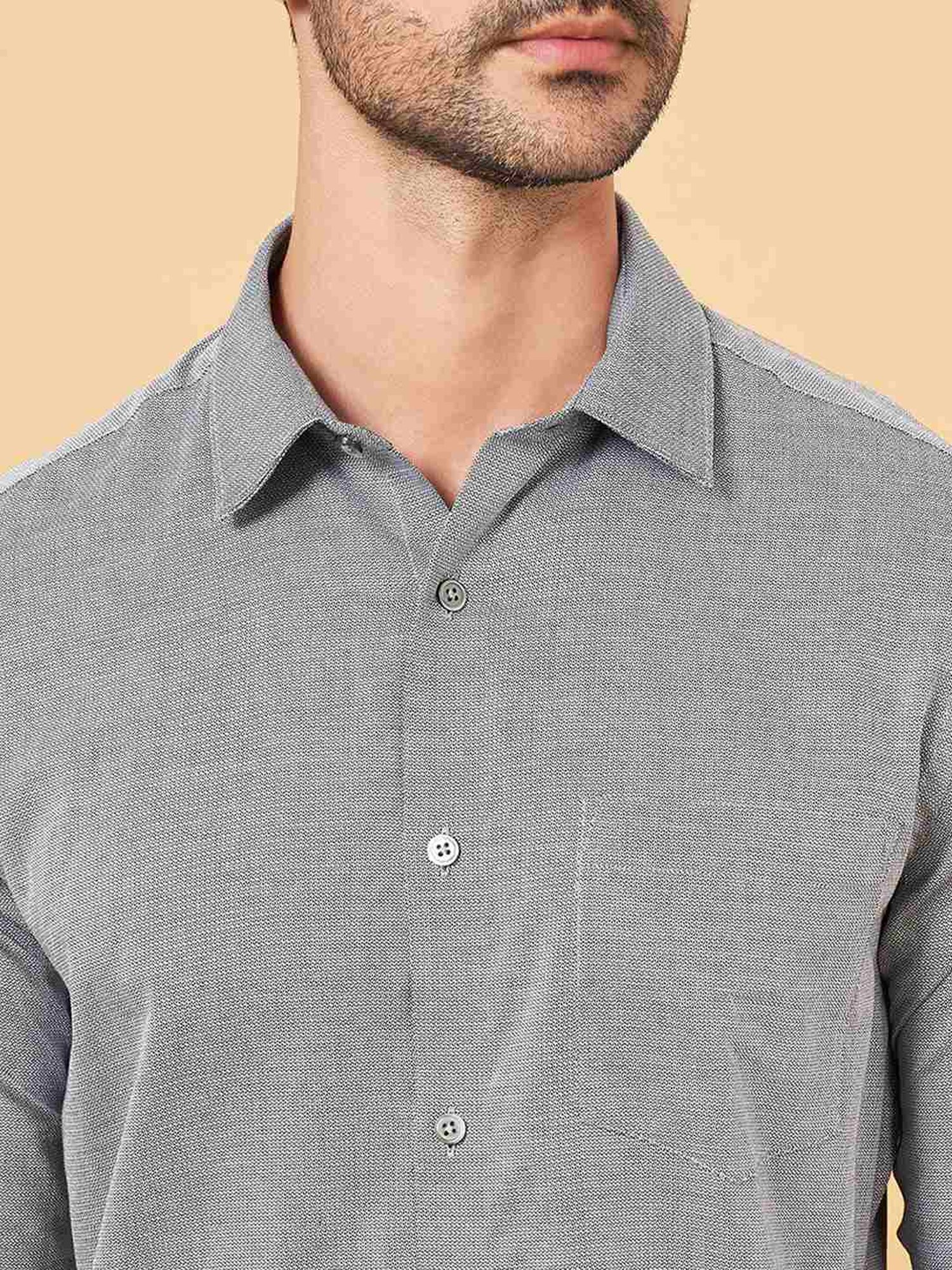 Peregrine by Pantaloons Light Grey Cotton Slim Fit Texture Shirt