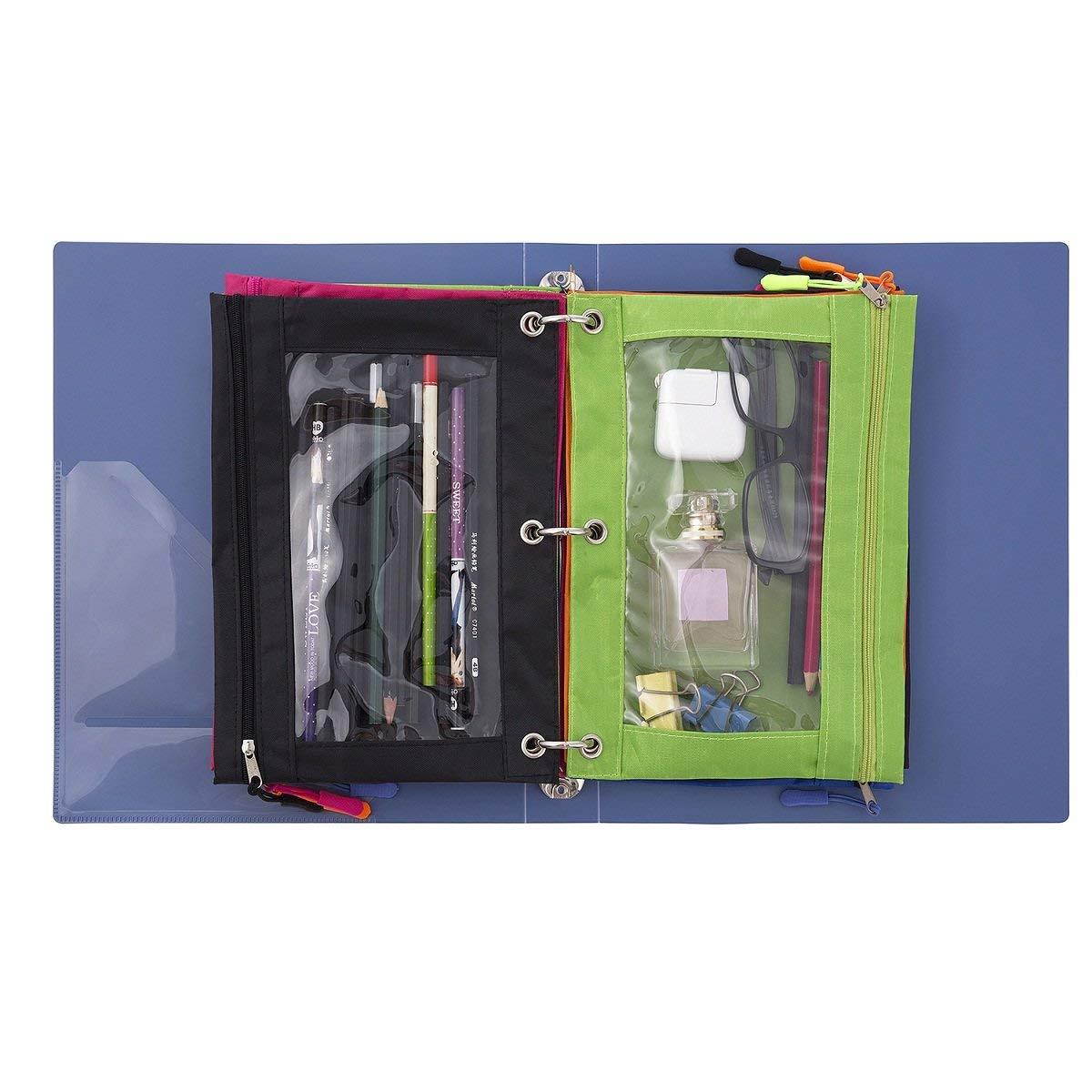 Binder Pencil Pouch with Zipper Pulls, Pencil Case with Rivet Enforced 3 Ring, 10 Pack 5 Colors