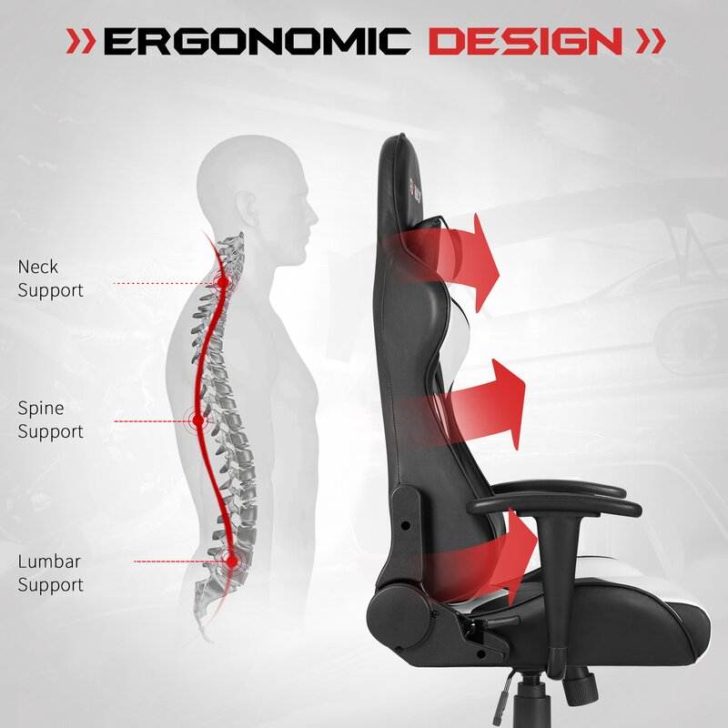 Furmax Gaming Office Chair Ergonomic High-Back Racing Style Adjustable Height Executive Computer Chair, PU Leather Swivel Desk Chair (Black/Grey)