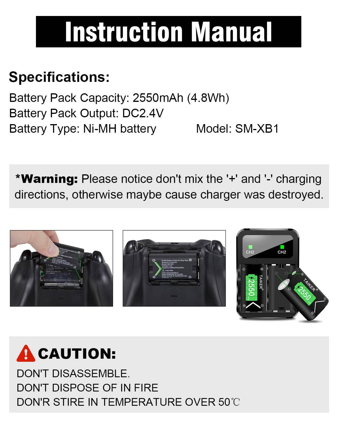 TAIKER Compatible with Xbox One Battery 3 Pack x 2550mAh Rechargeable Controller Battery and Charger for Xbox One/Xbox One S/Xbox One X/Xbox One Elite Wireless Controller