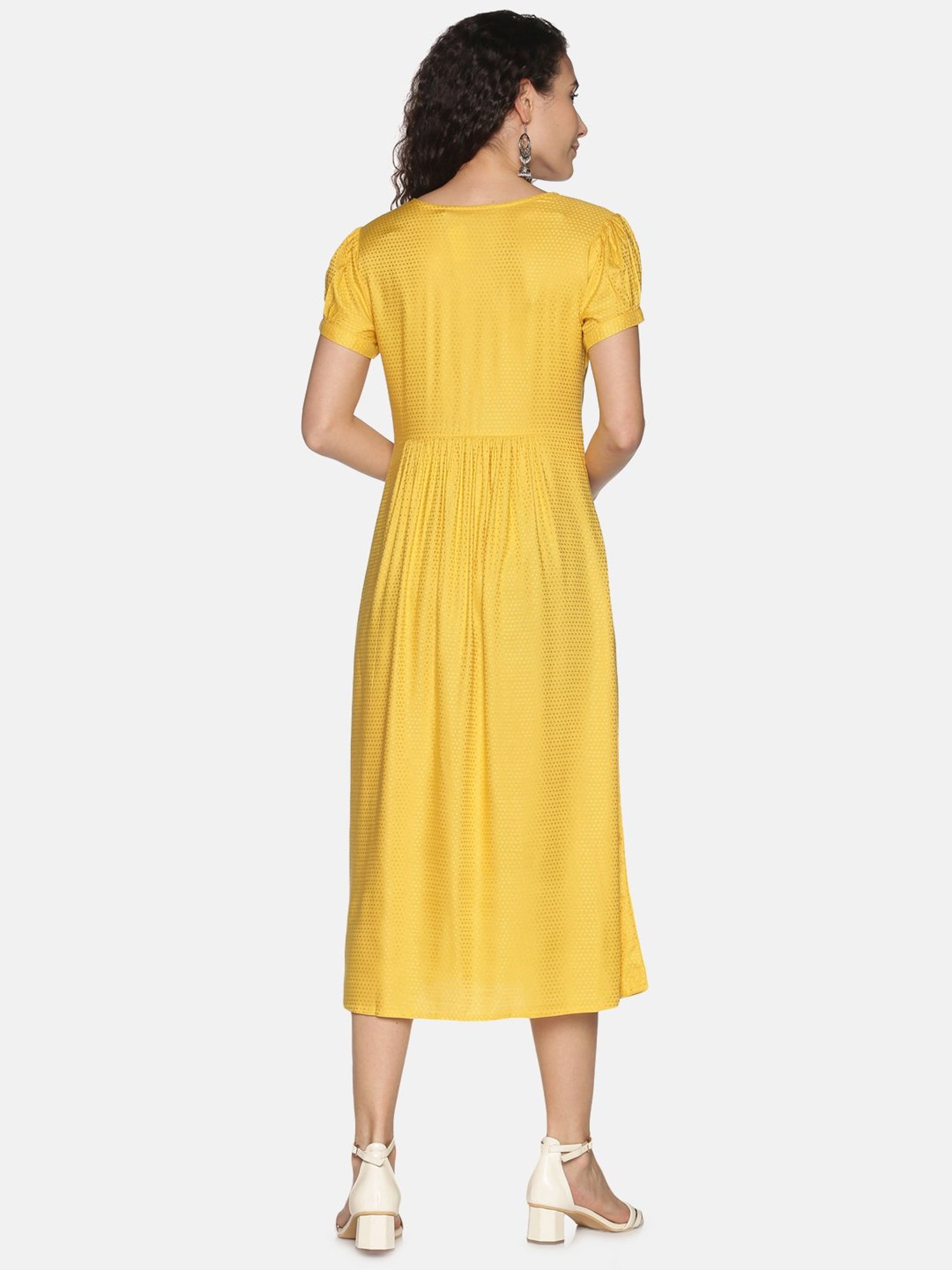 Saffron Threads Yellow Rayon Embroidered Midi Dress