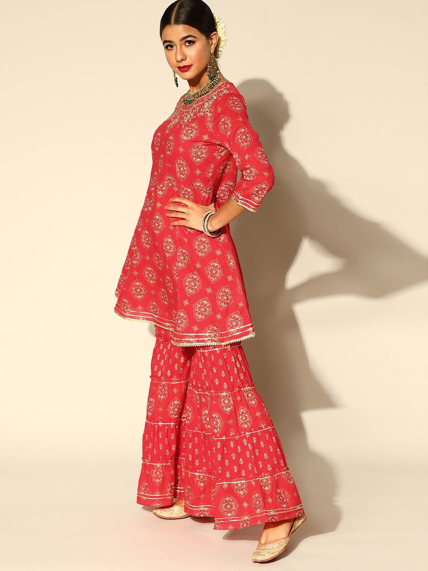 Ishin Red Printed Kurti Sharara Set With Dupatta