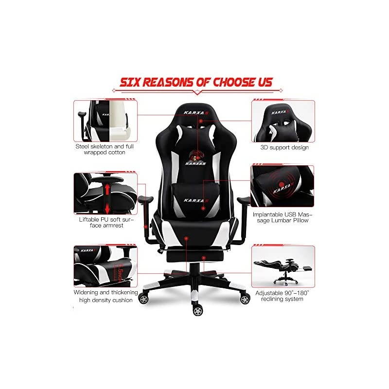 Ergonomic Gaming Chair High-Back Racing Style Gamer Chair PU Leather Height Adjustable Computer Desk Chair with Massage Lumbar Recliner Footrest and Headrest (White)