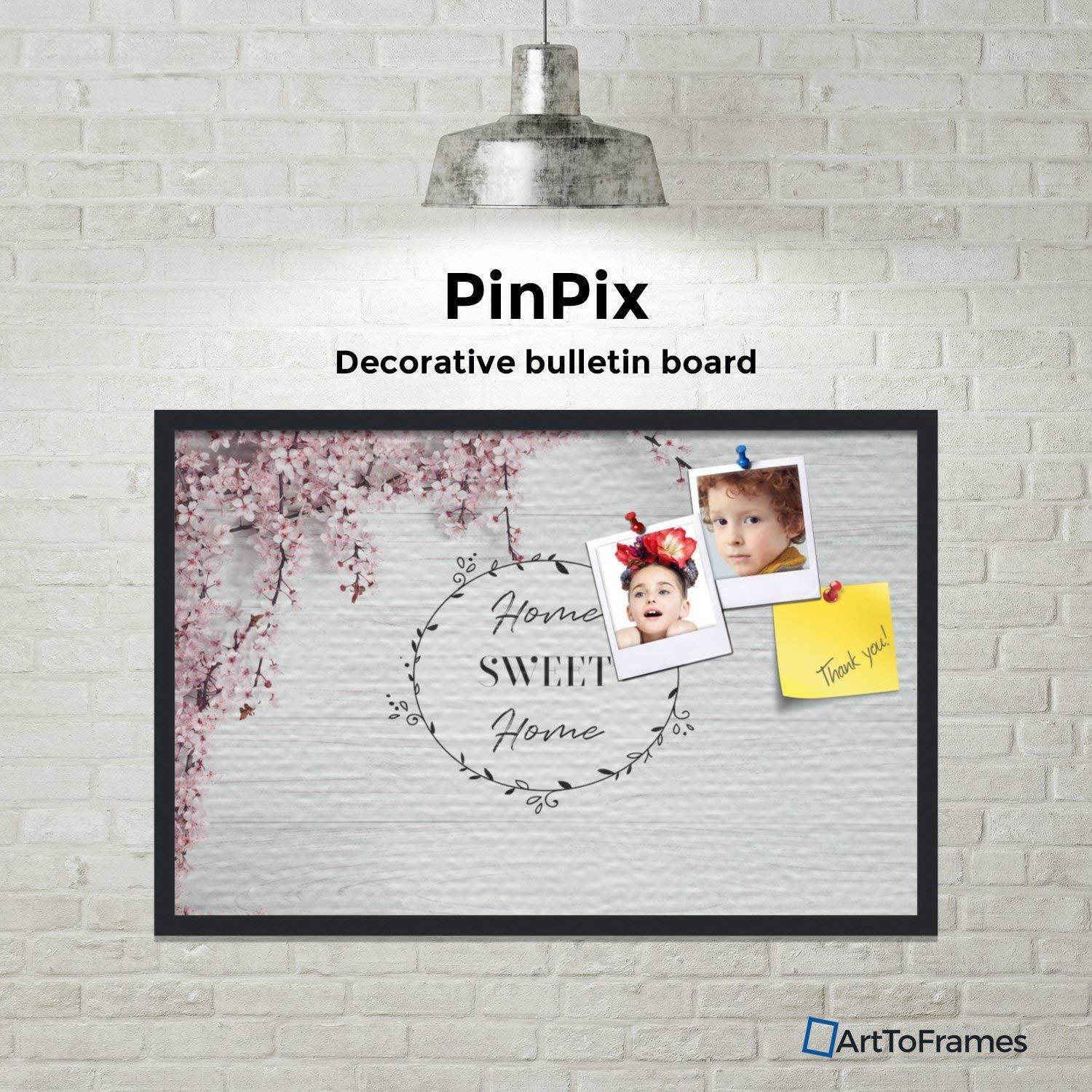 PinPix custom printed pin cork bulletin board made from canvas, Home Sweet Home 36x24 Inches (Completed Size) and framed in Satin Black (PinPix-Group-55)