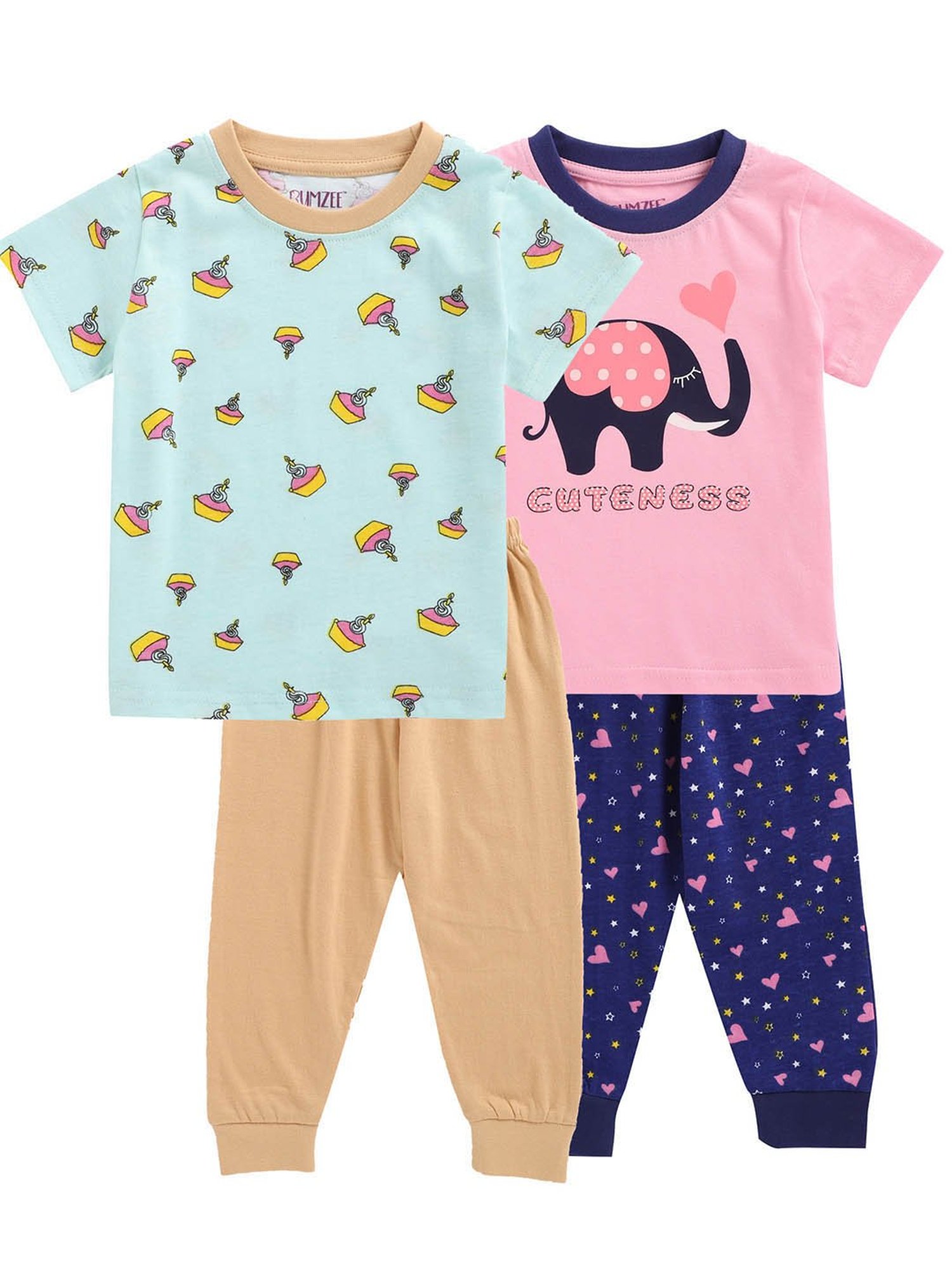 Bumzee Girls Multicolor Printed T-Shirts with Pyjamas (Pack Of 2)