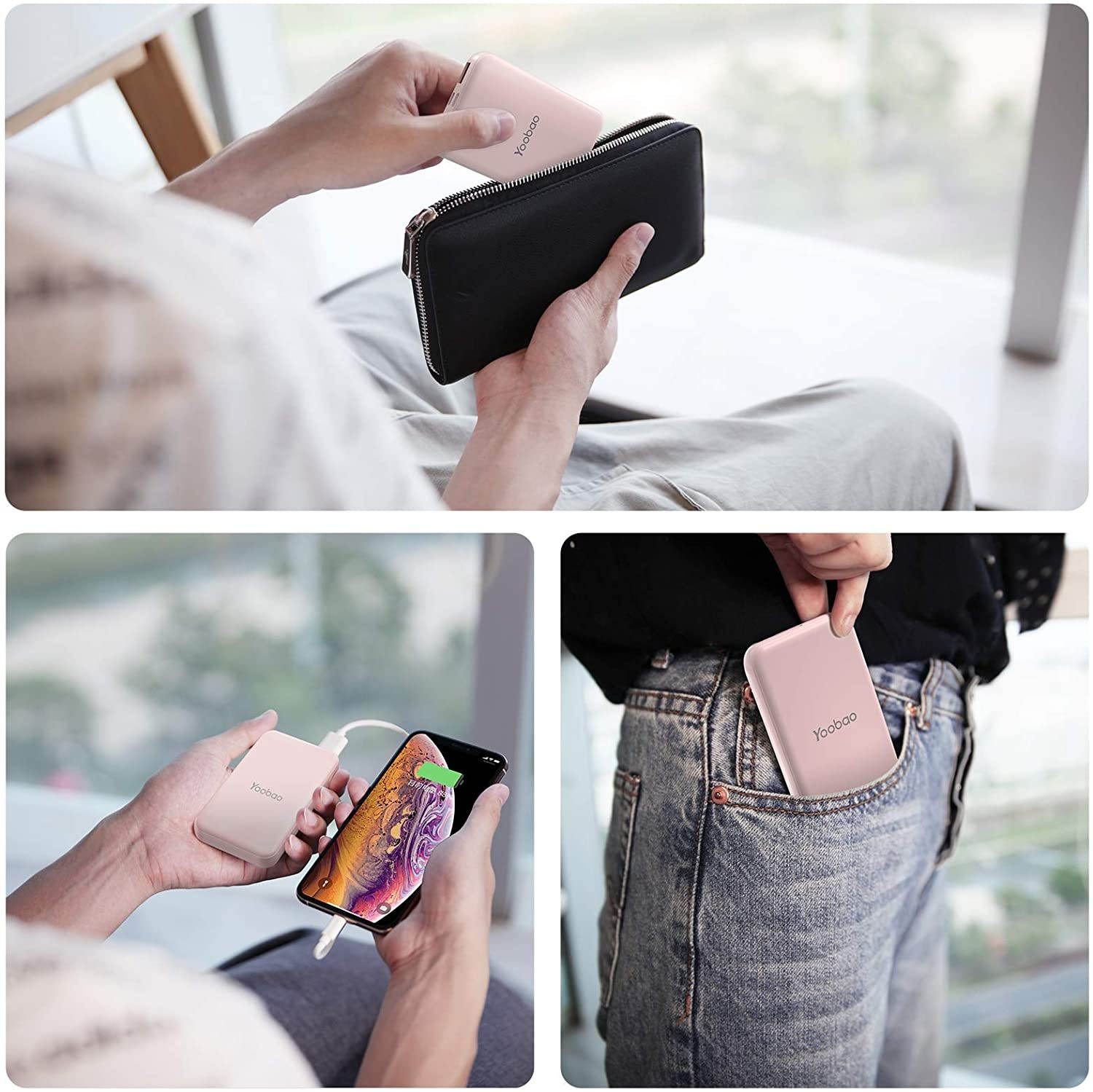 [Upgraded] Portable Charger Yoobao Power Bank Mini 5000mAh Powerbank 2-Output & 2-Input External Cellphone Battery Backup Pack Compatible iPhone 11 Pro Max 11 Xr X Samsung S20/20+ & More - Pink