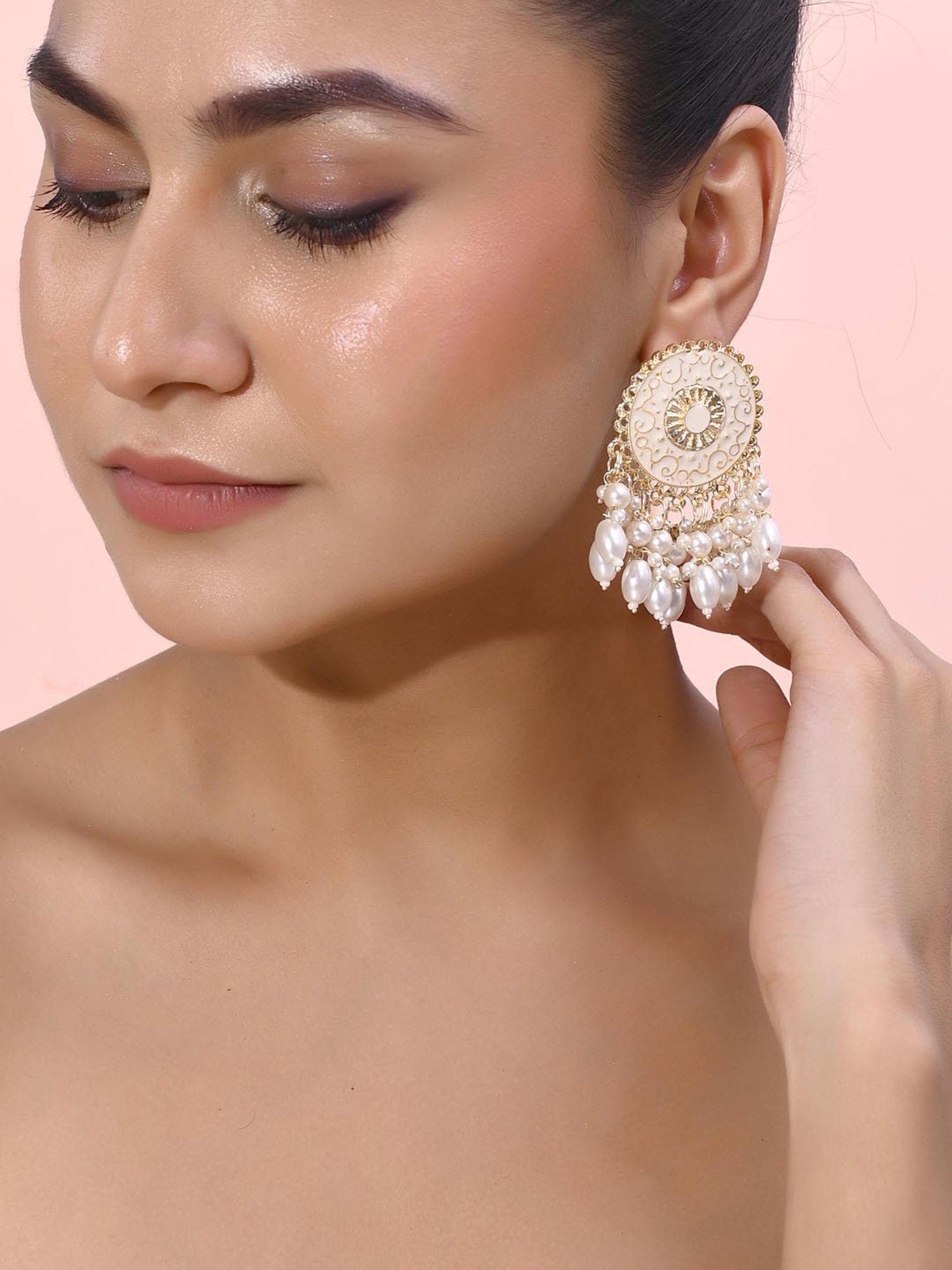 VOJ Gold Plated White Circular Earrings with Pearls for Women