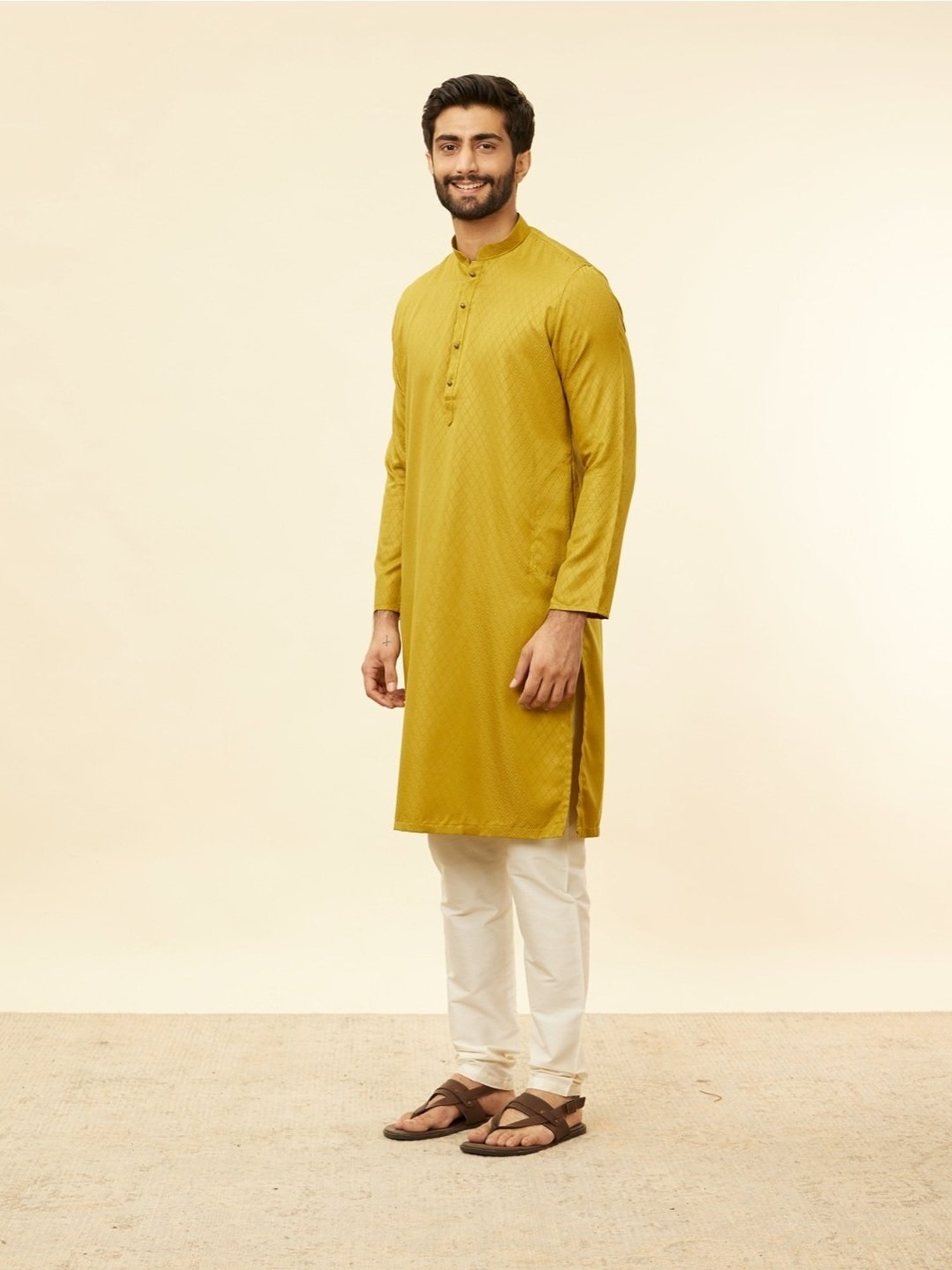 Manyavar Musterd & Begie Regular Fit Printed Kurta Bottom Set