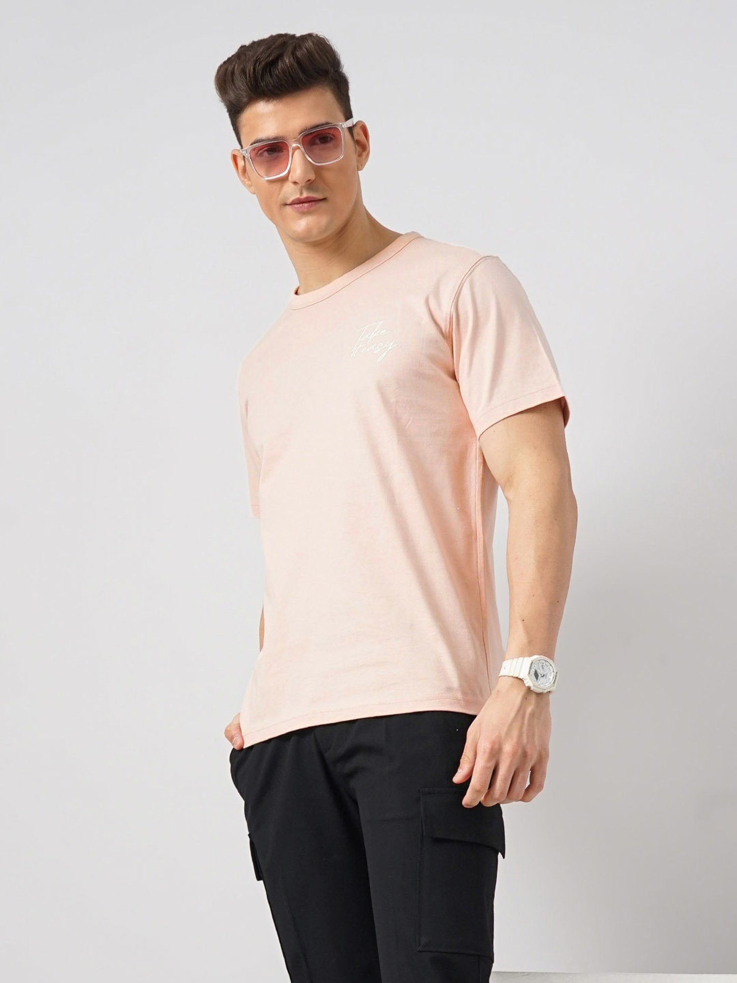celio* Light Pink Regular Fit Cotton Crew T-Shirt