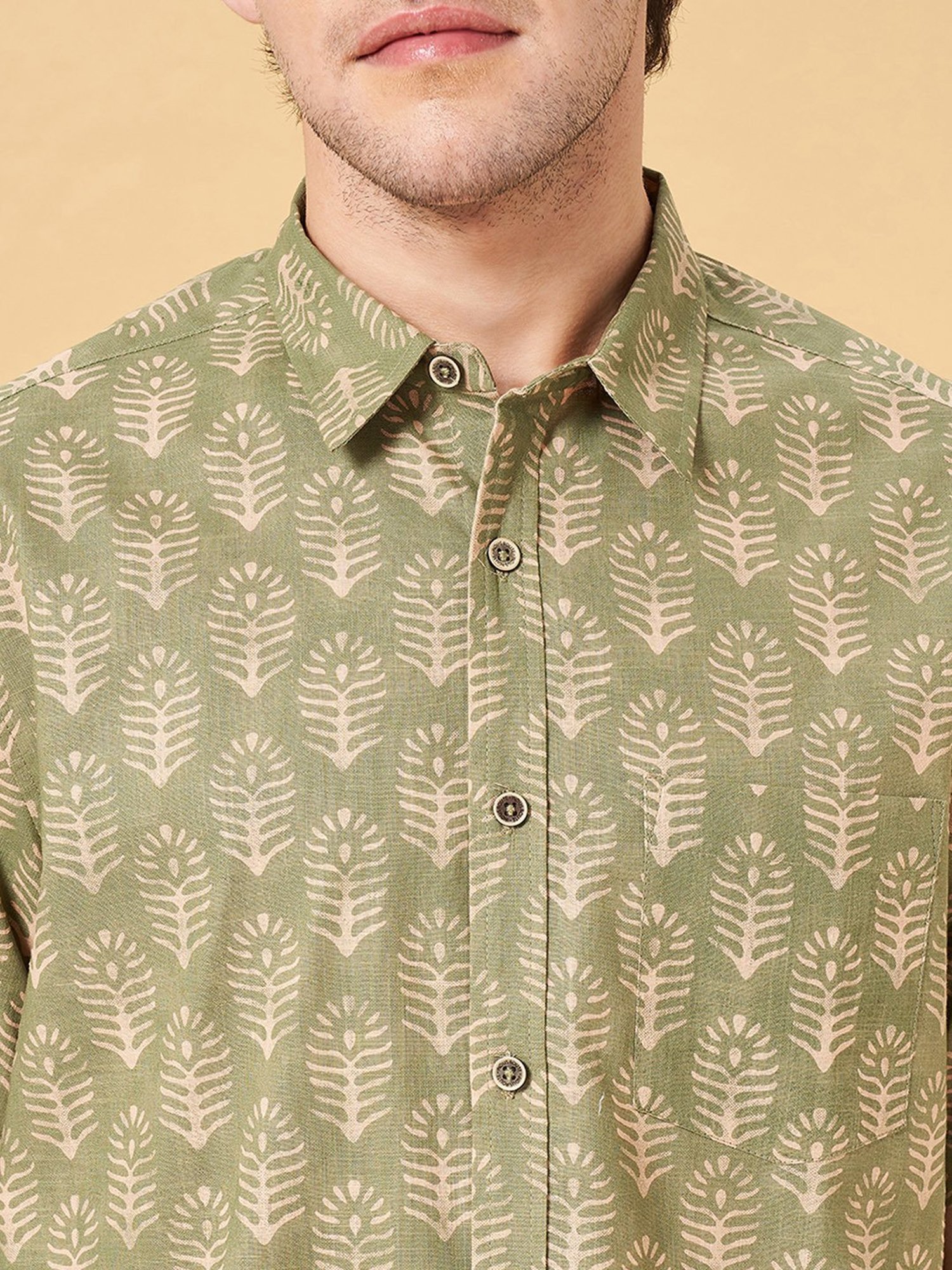 Indus Route by Pantaloons Sage Green Regular Fit Printed Shirt