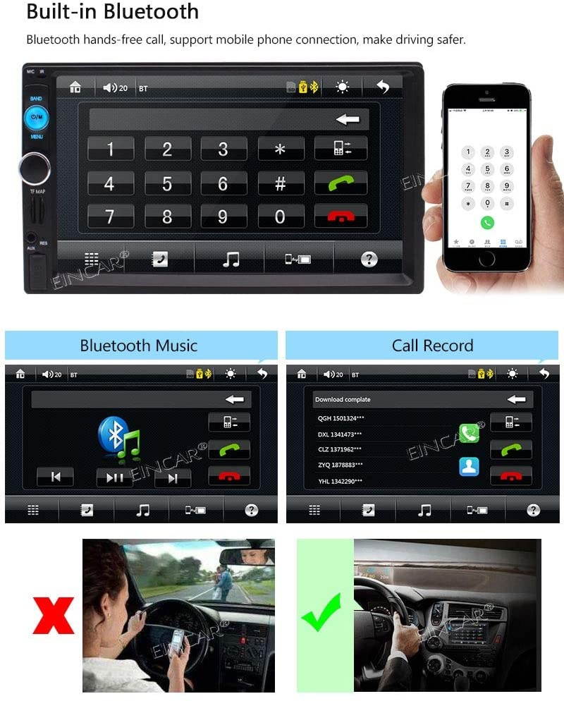 Eincar 7-inch in Dash Double DIN Car Player Auto Audio Stereo Capacitive Touch Screen with 8GB GPS Navigation Map Card Bluetooth Music Video from USB/SD FM Radio for Universal Remote Control Wireles
