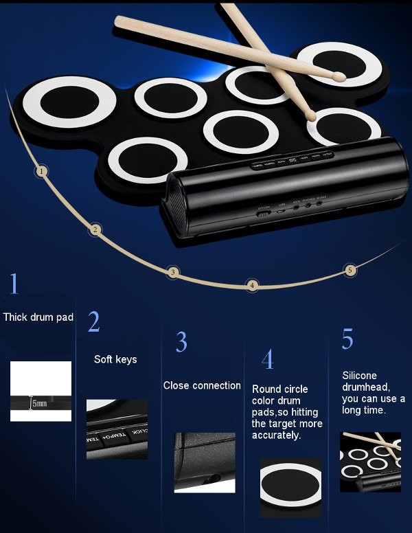 Portable USB MIDI Portable Roll Up Electronic Drum Digital Drum set Kit Pedal