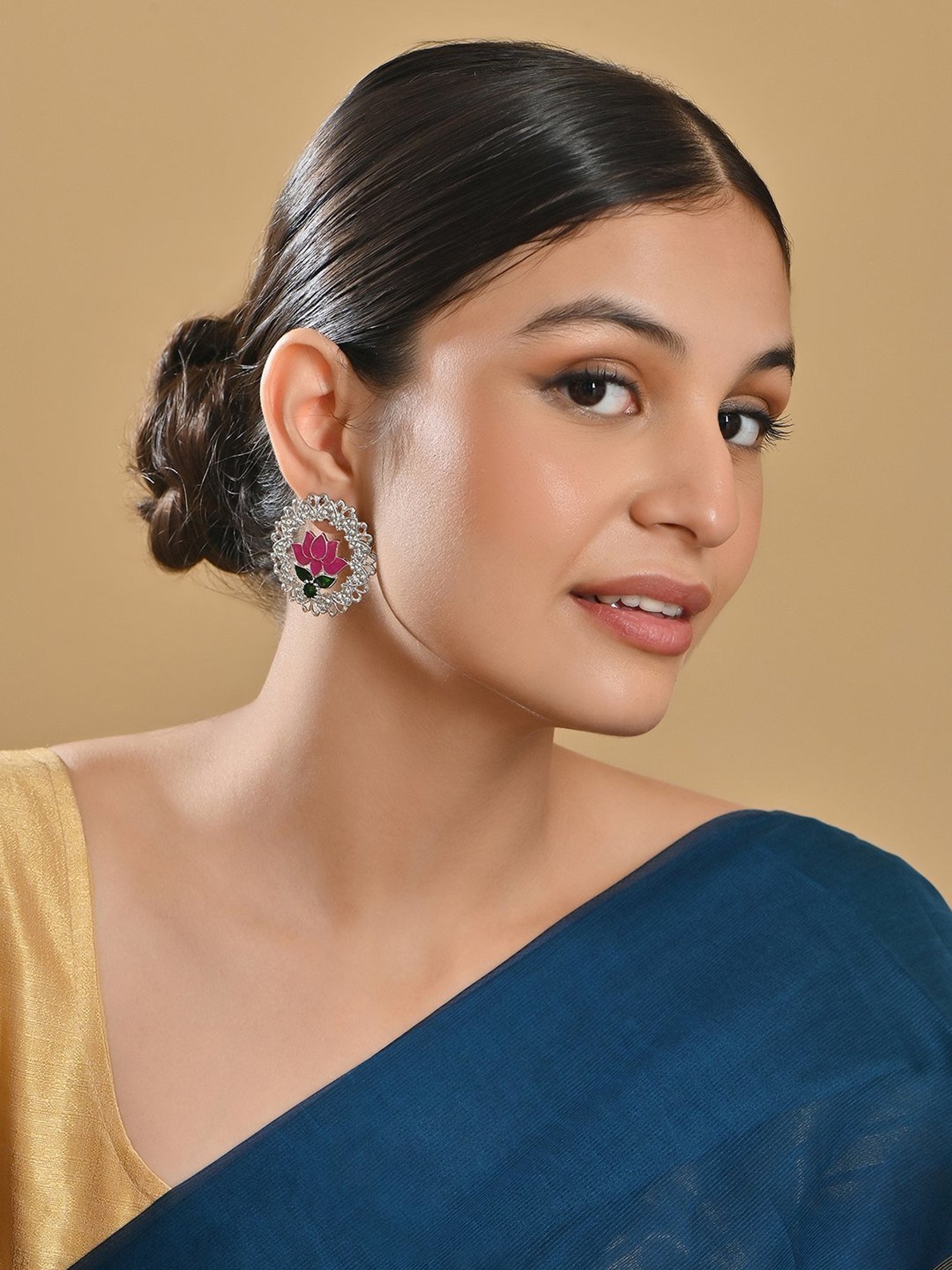 Fida Pink Green Meenakari Traditional Lotus Drop Earrings