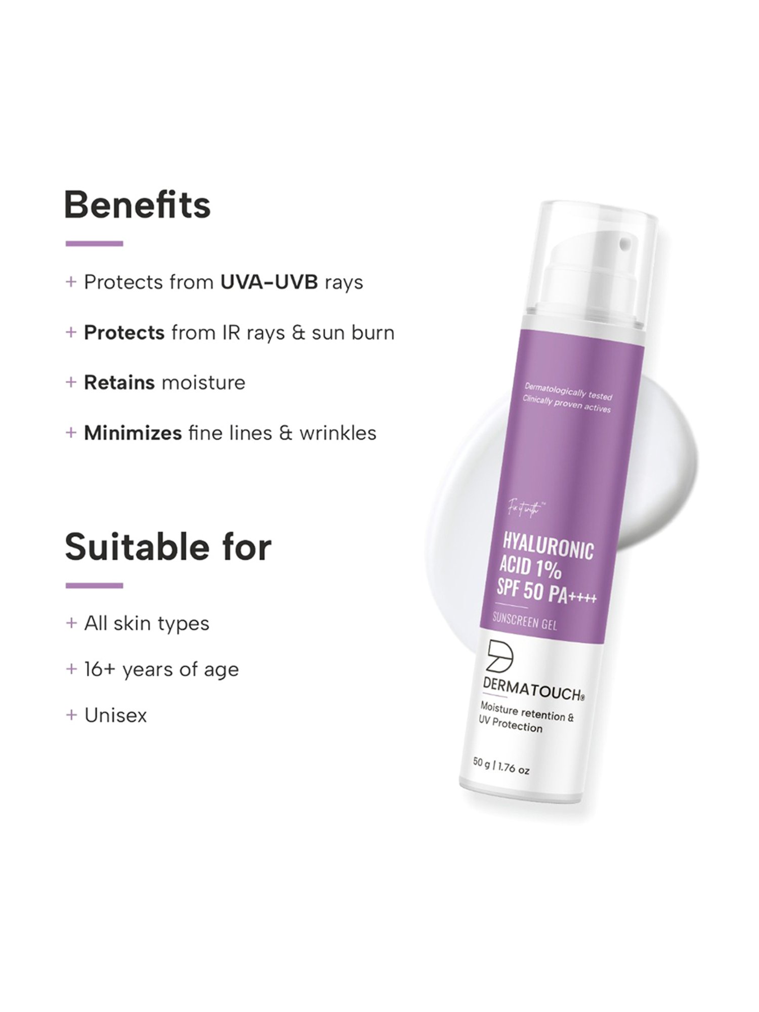 DERMATOUCH Hyaluronic Acid 1% Sunscreen Gel SPF 50 Pa++++ - 50 gm