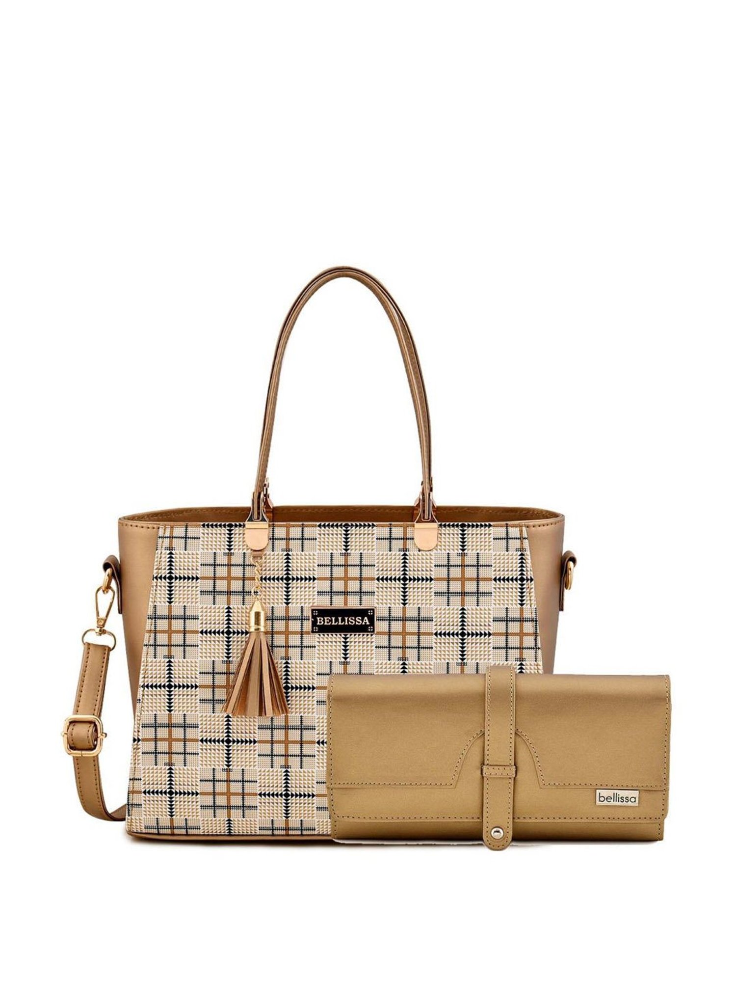 Bellissa Golden Checks Medium Handbag with Wallet Combo