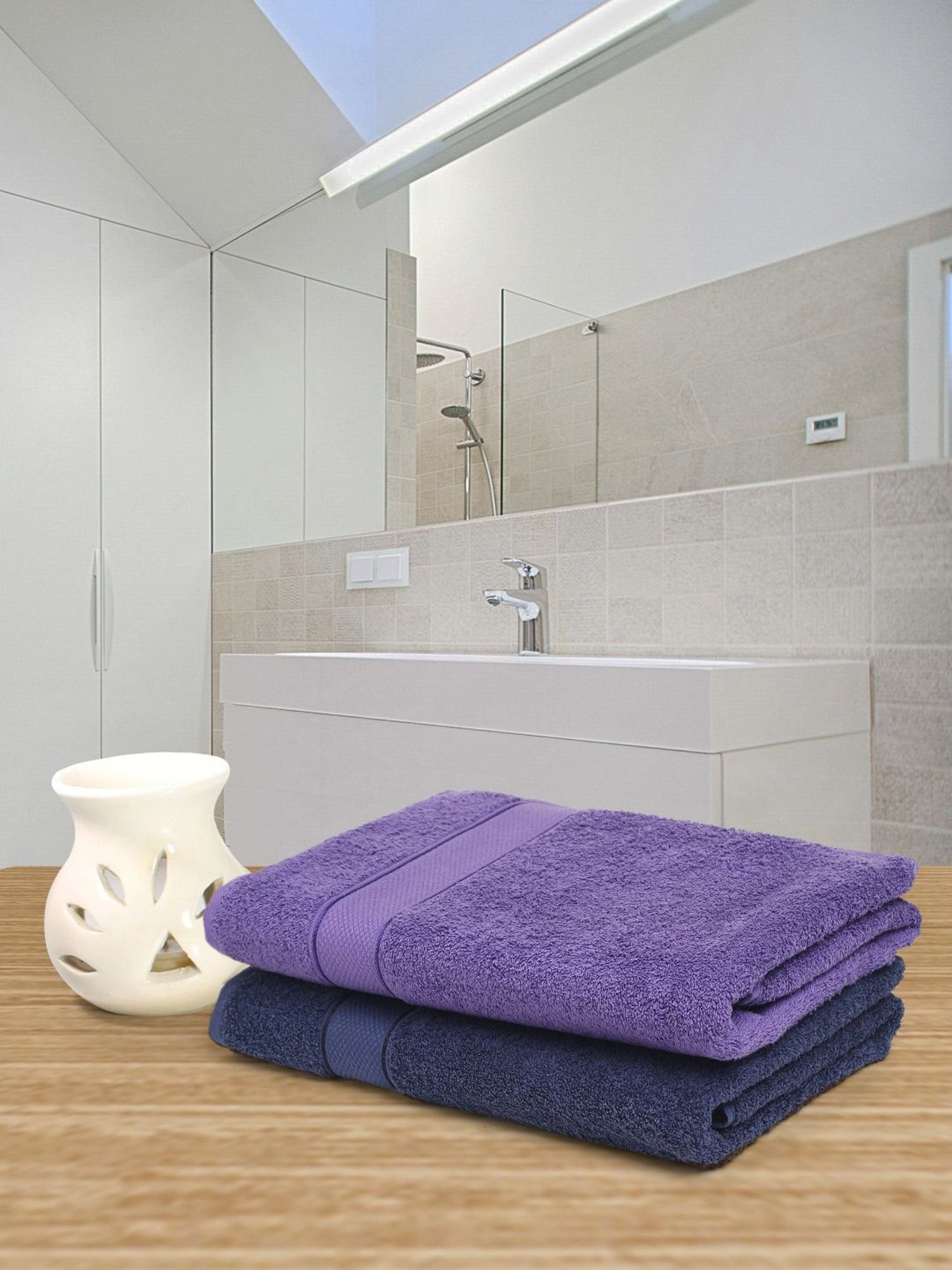 Creeva Navy & Violet 525 GSM Cotton Bath Towel Set of 2