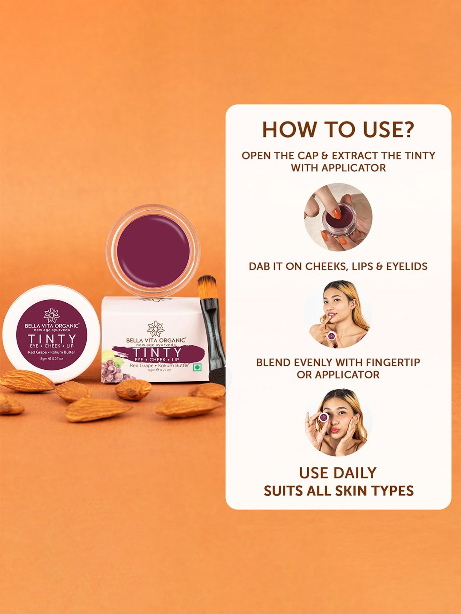 Bella Vita Organic Red Grape 3 in 1 Tinty for Moisturizing & Nourishing- 8 gm