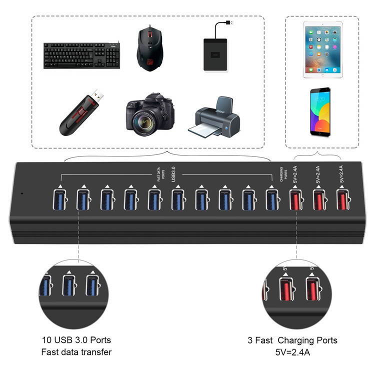 STANSTAR USB Hub, All Aluminum Alloy 13 Port Hub with 3 Port Smart Fast Charge Super High Speed USB3.0 Interface Plug and Play