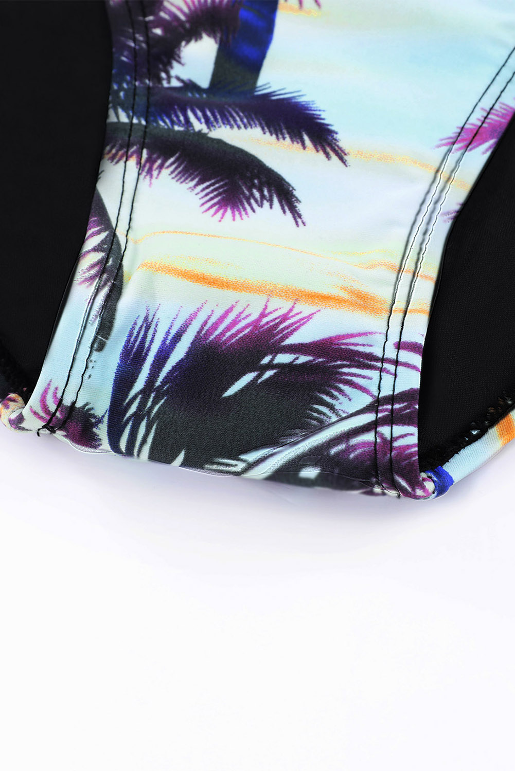 Black Plant Print Zip Front Half Sleeve One Piece Swimsuit