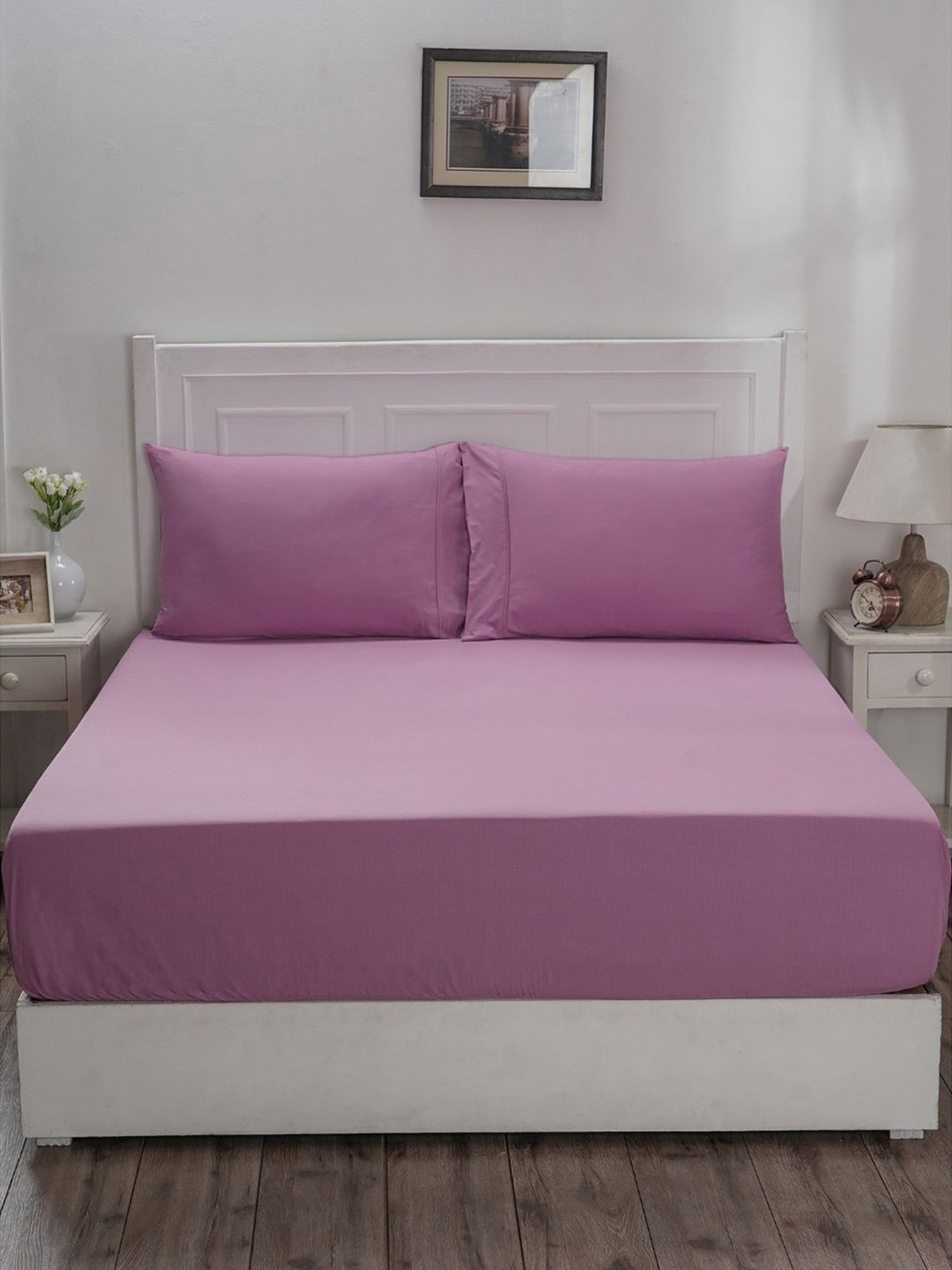 Maspar Colorart Eden Purple 144 TC Cotton Single Fitted Bed Sheet With 1 Pillow Cover