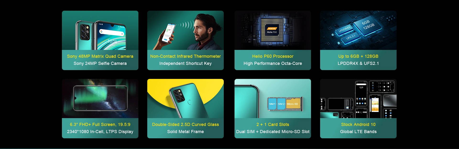 UMIDIGI A9 Pro Global Bands 6.3 inch FHD+ Infrared Thermometer 4GB 64GB Helio P60 Android 10 4150mAh 32MP AI Matrix Quad Camera 3 Card Slots 4G Smartphone