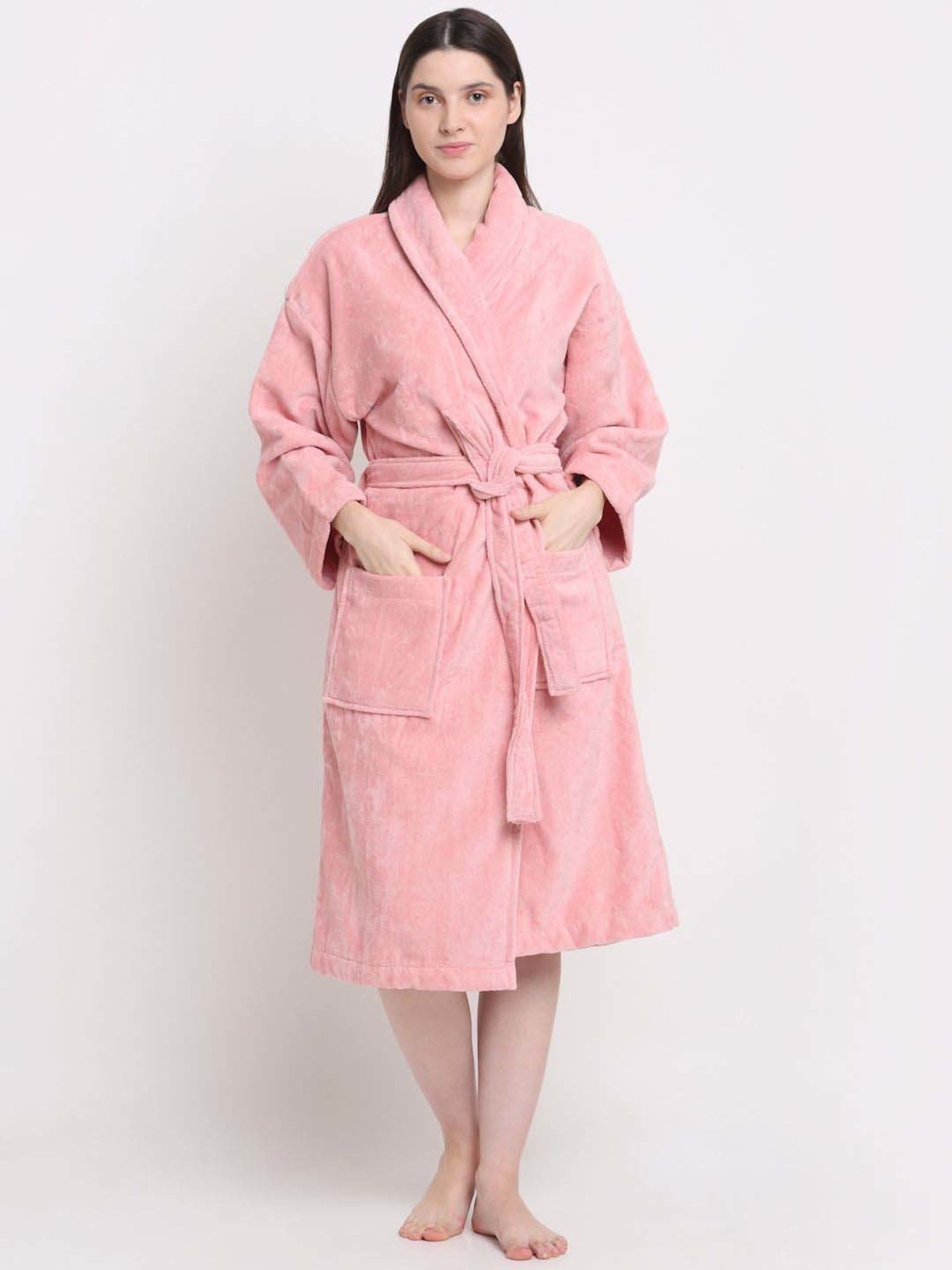 Creeva Luxury Pink Cotton 380 GSM Super Soft Velour Small Size Bathrobe