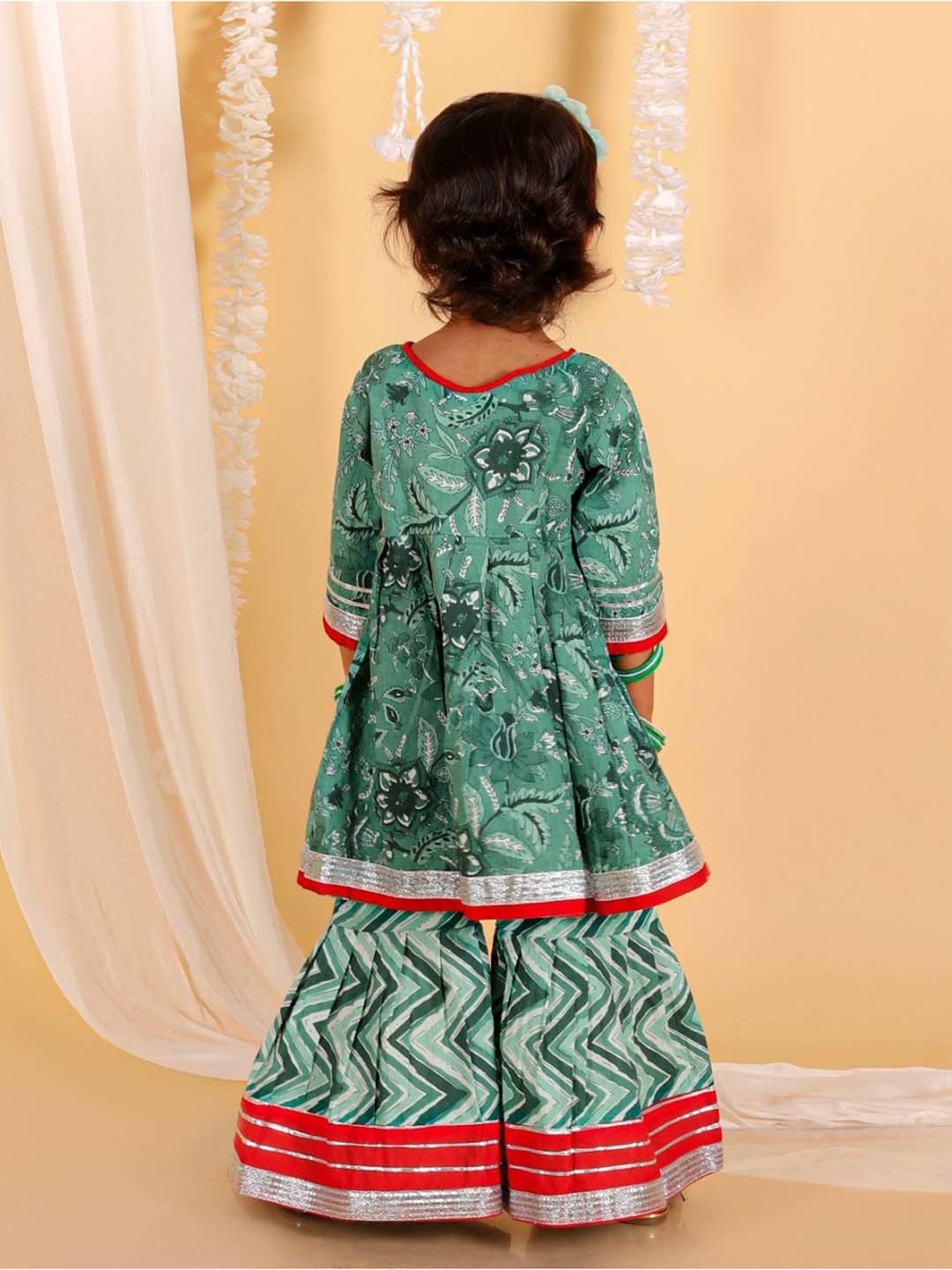 The Mom Store Kids Green & Red Cotton Printed Full Sleeves Kurta Set