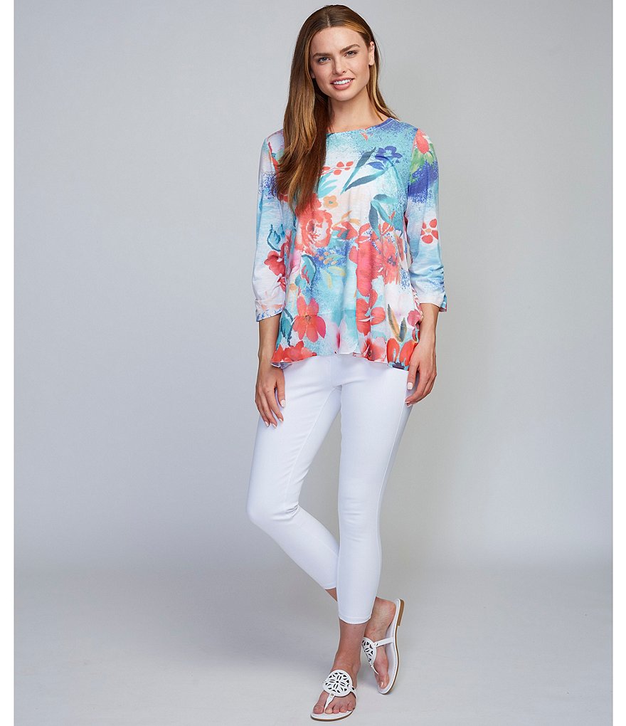 Ali Miles Petite Size Floral Print Mixed Media Hi-Low Top