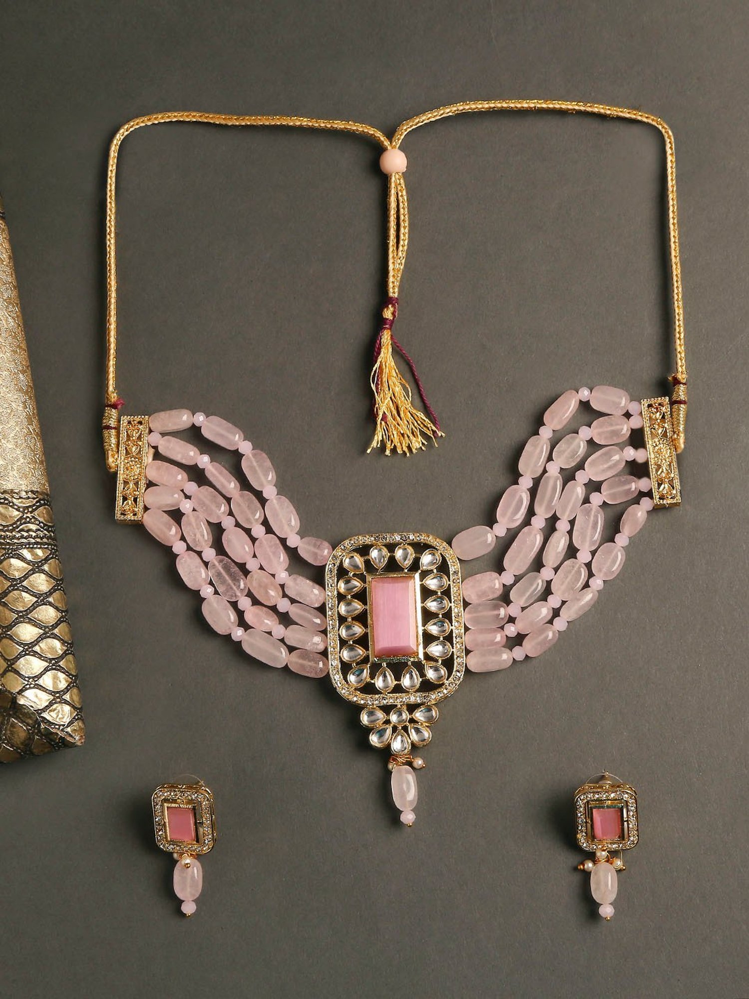 OOMPH Pink Opal Beads Ethnic Choker Set with Earrings