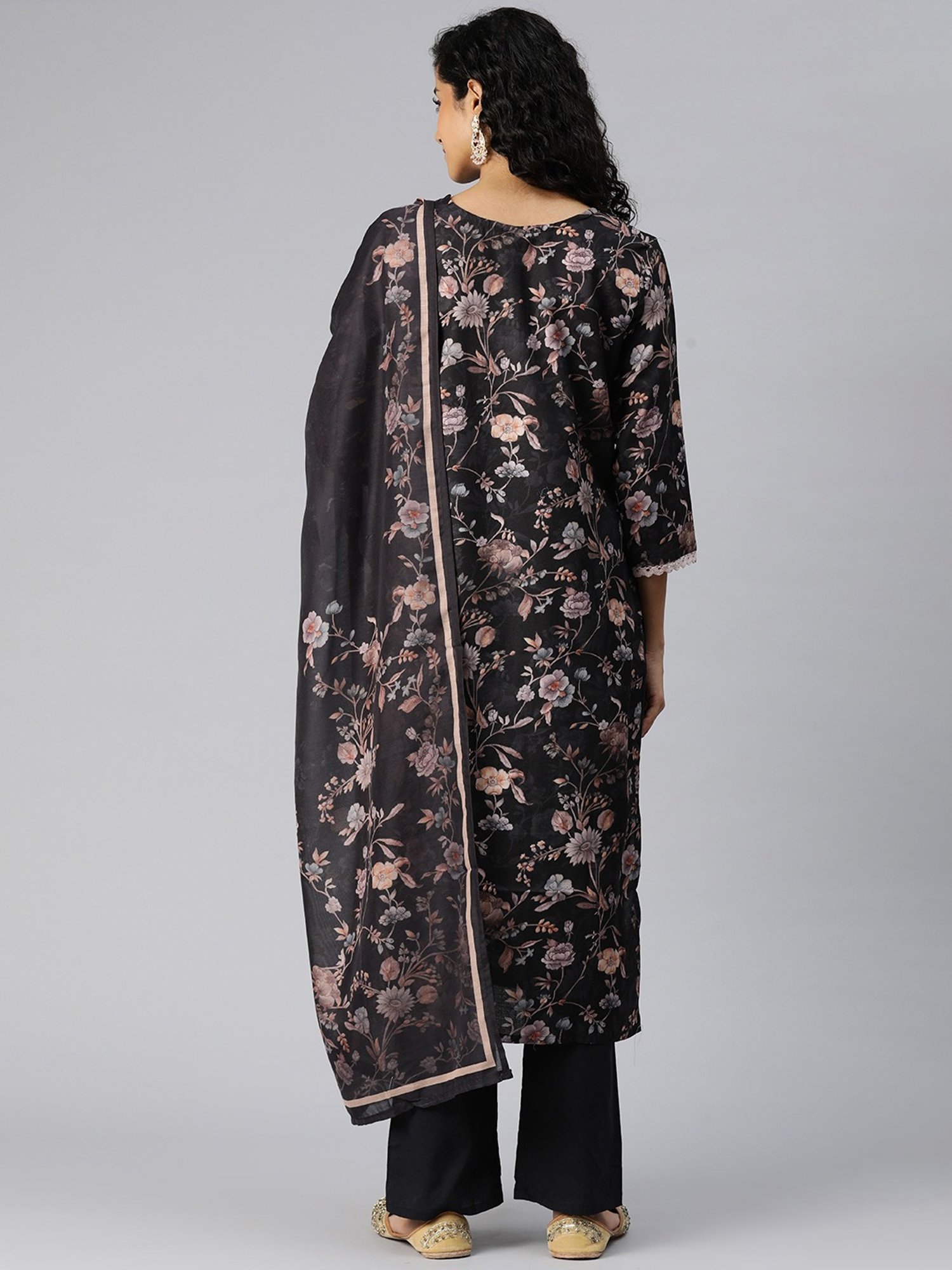 READIPRINT FASHIONS Black Cotton Floral Print Kurta Pant Set With Dupatta