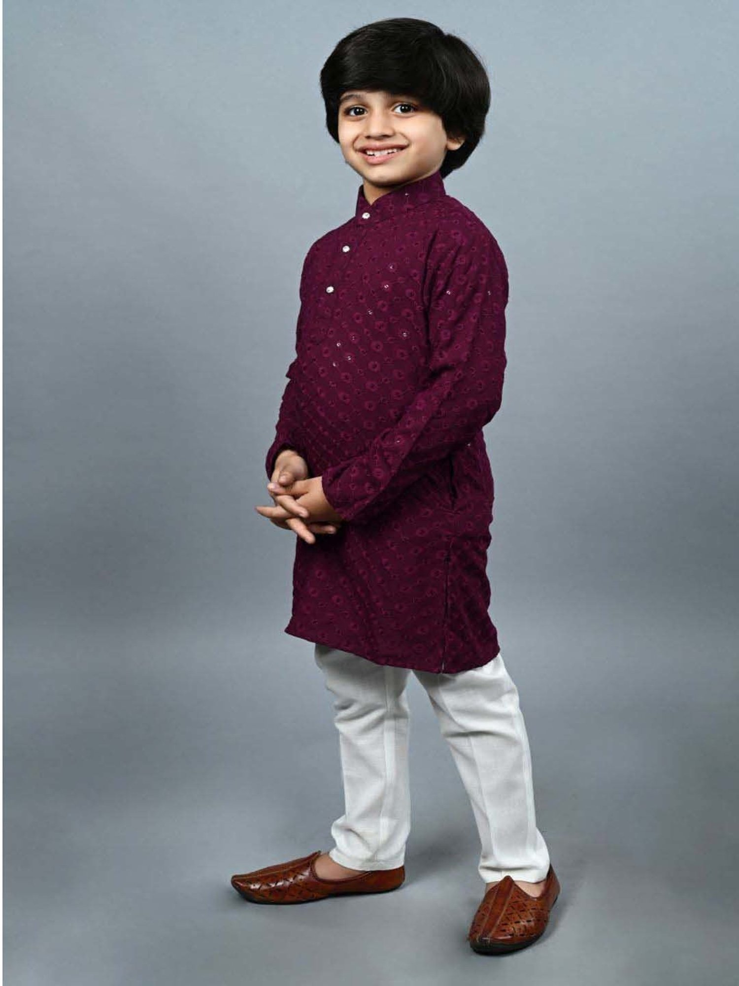 Ahhaaaa Kids Purple & White Cotton Embroidered Full Sleeves Kurta Set