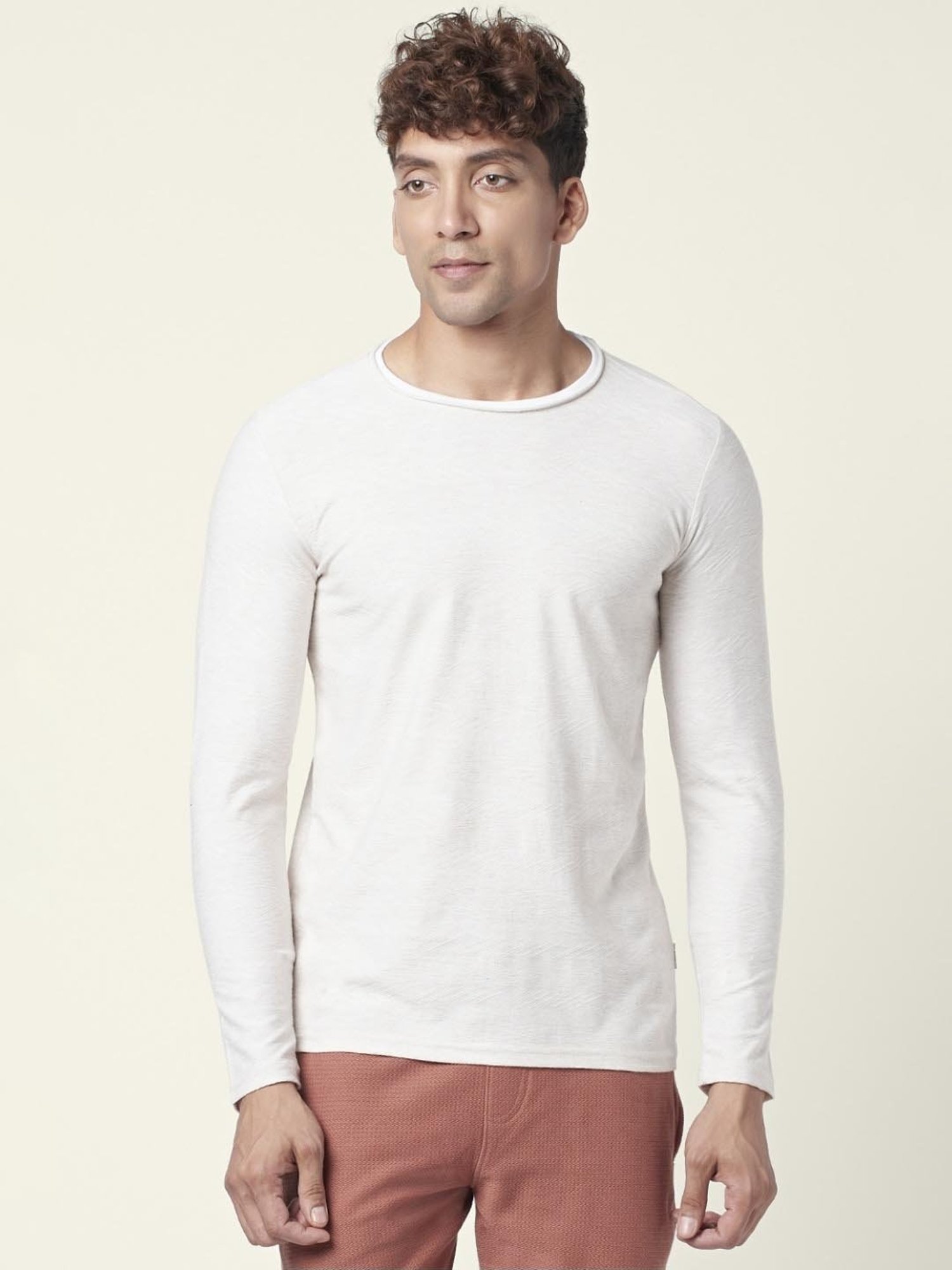 7 Alt by Pantaloons Oat Melange Slim Fit Self Pattern T-Shirt