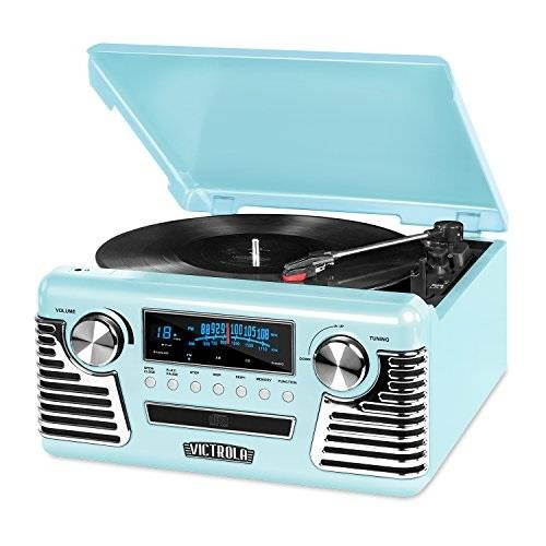 victrola 50's retro 3speed bluetooth turntable with stereo, cd player and speakers, teal