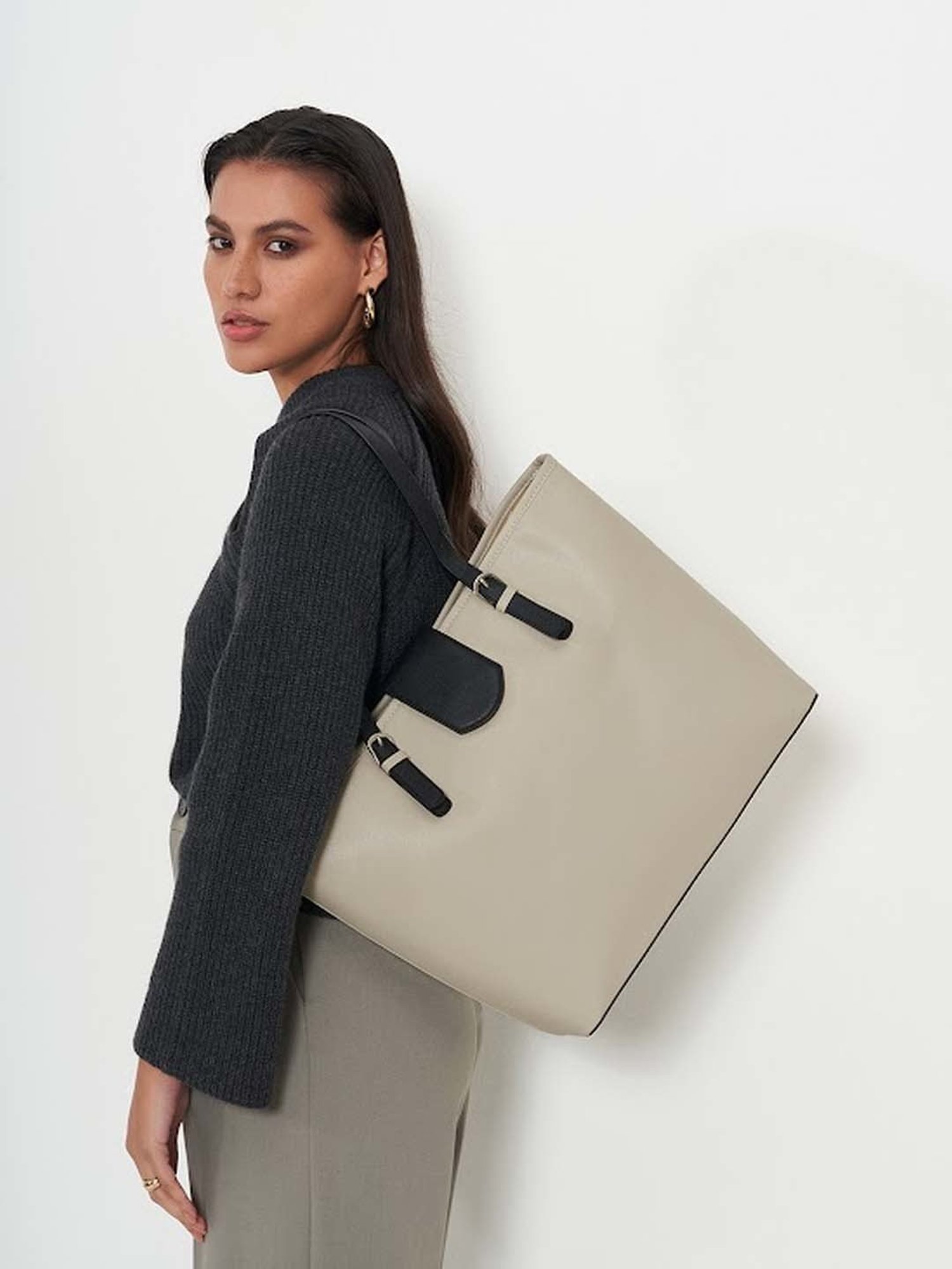 Miraggio Beige Solid Large Tote Handbag