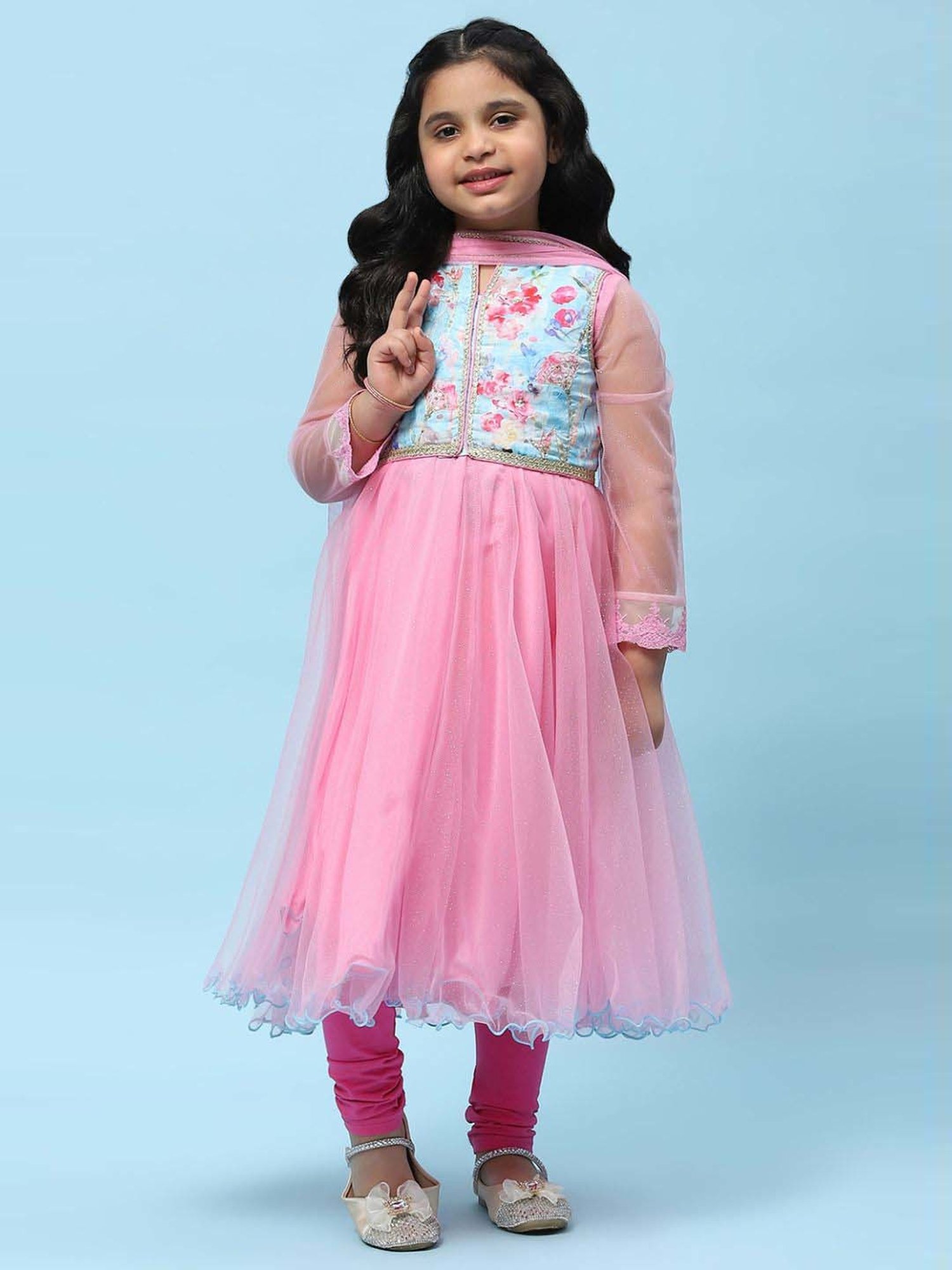 BIBA Girls Kids Pink Printed Full Sleeves Kurti, Churidar, Dupatta & Jacket