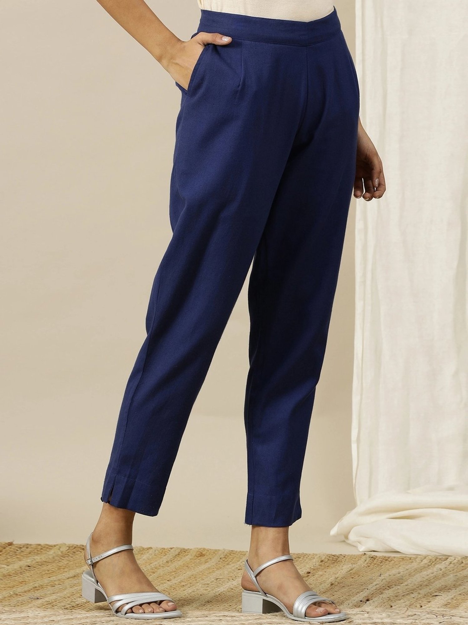 Aurelia Blue Cotton Plain Pants